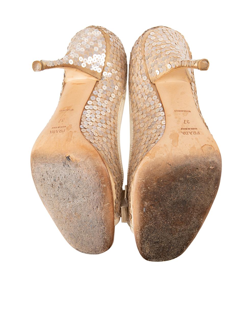 Women's Prada 2005 Beige Pimpernel Sequin Peep Toe Heels Size IT 37