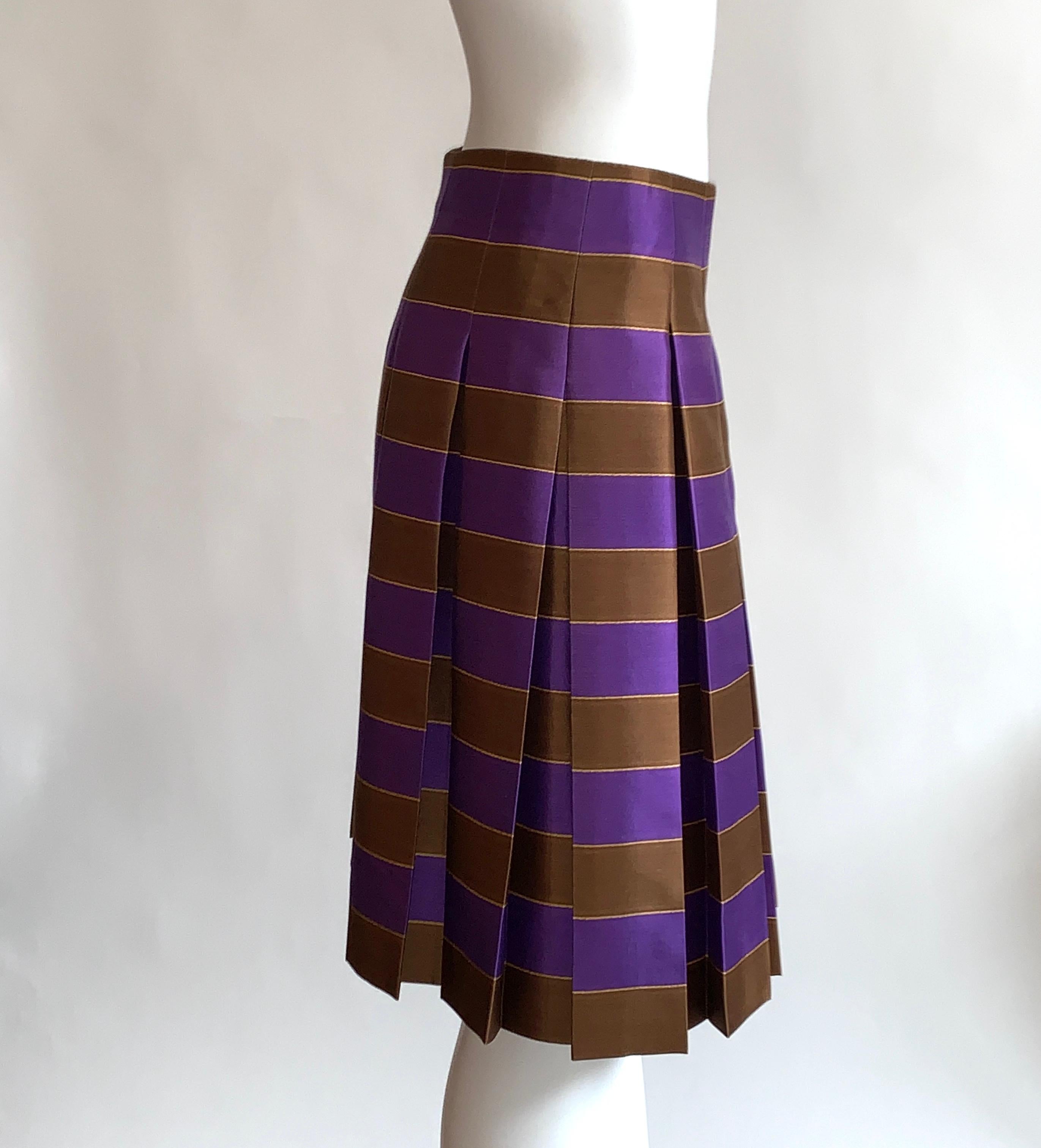purple and gold pleated skirt