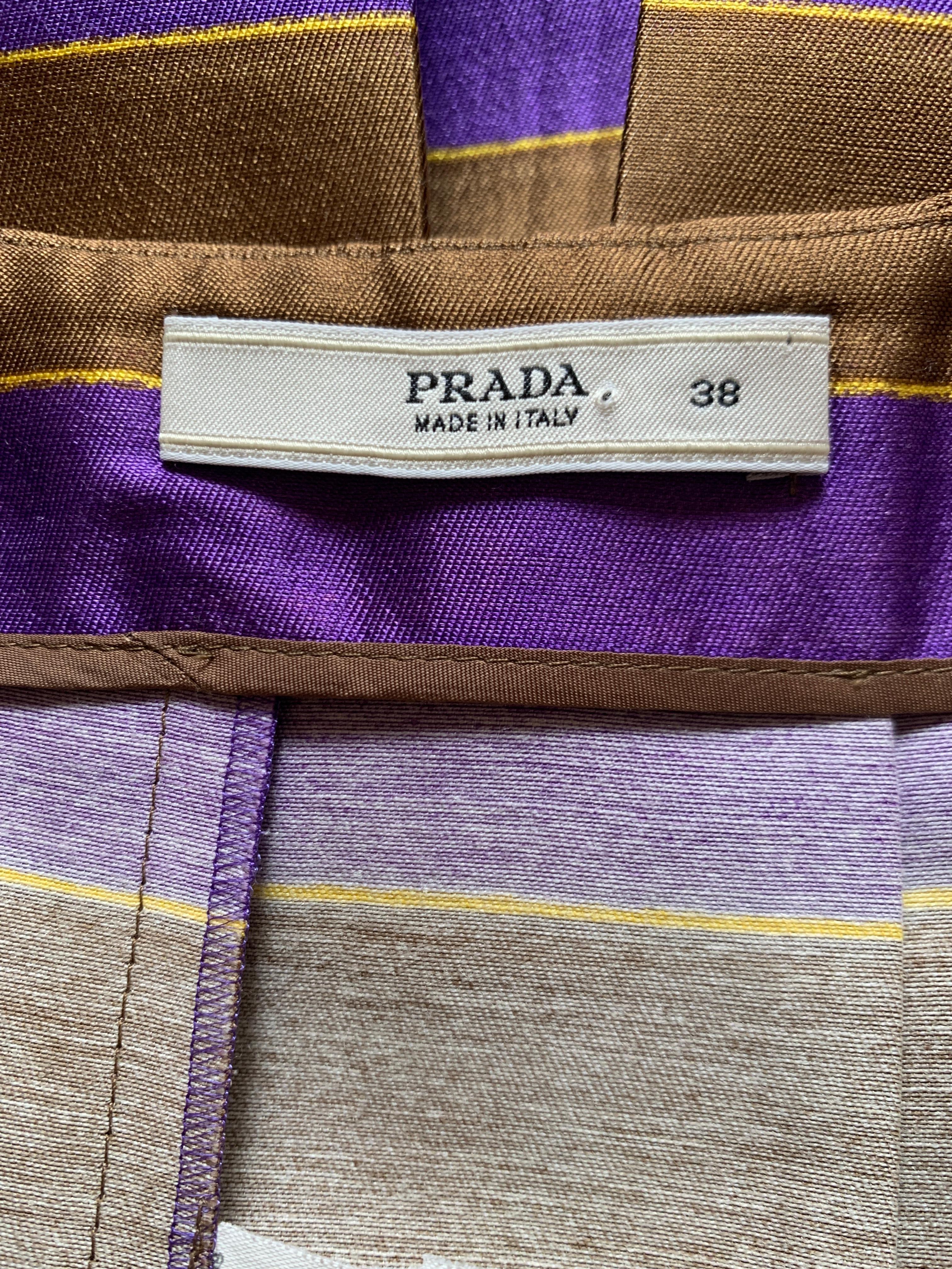 Prada 2005 Spring Runway Purple Brown and Gold Stripe Pleated Wool Silk Skirt In Good Condition In San Francisco, CA