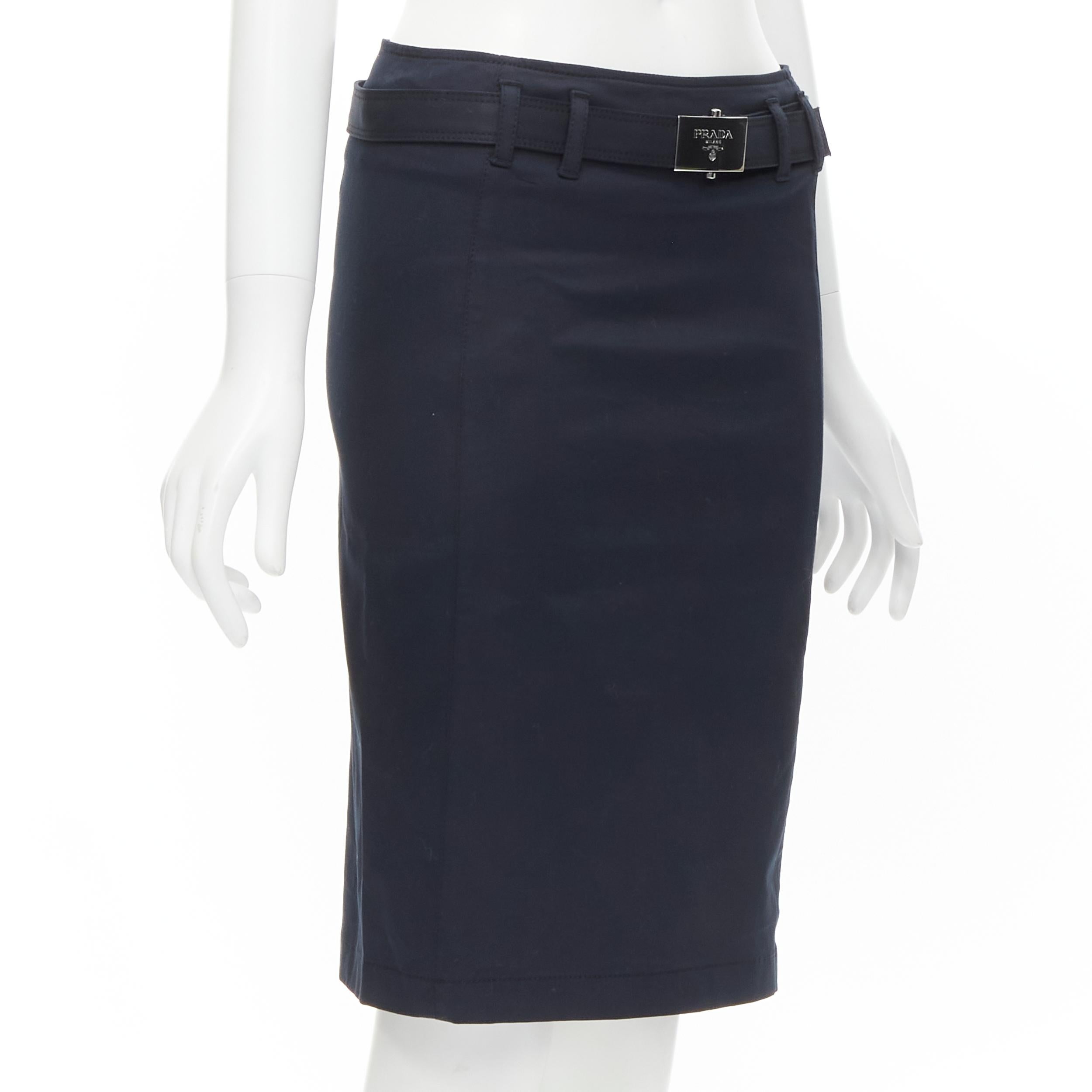 PRADA 2006 black cotton silver logo belt knee length pencil skirt 