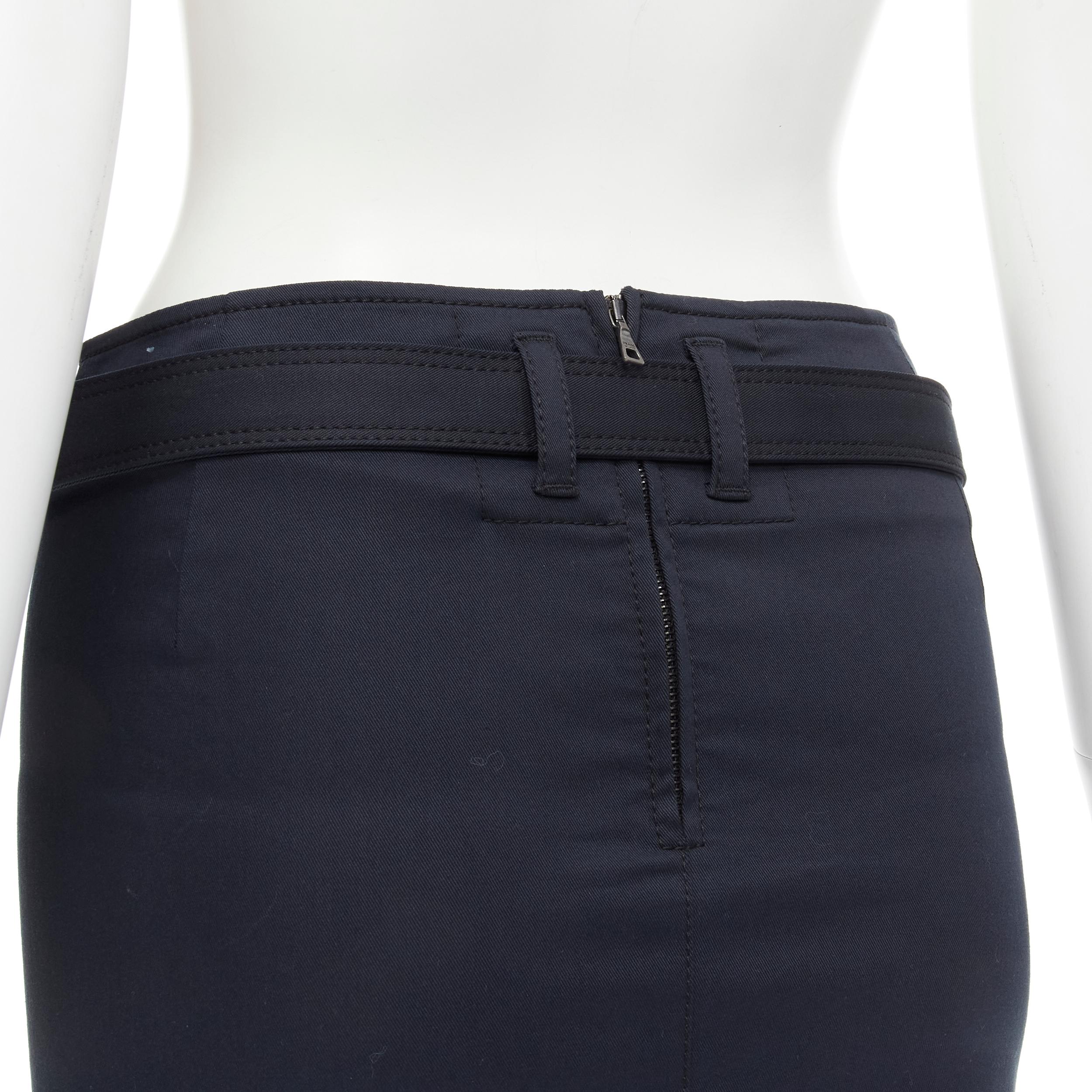 PRADA 2006 black cotton silver logo belt knee length pencil skirt IT36 XS In Excellent Condition In Hong Kong, NT