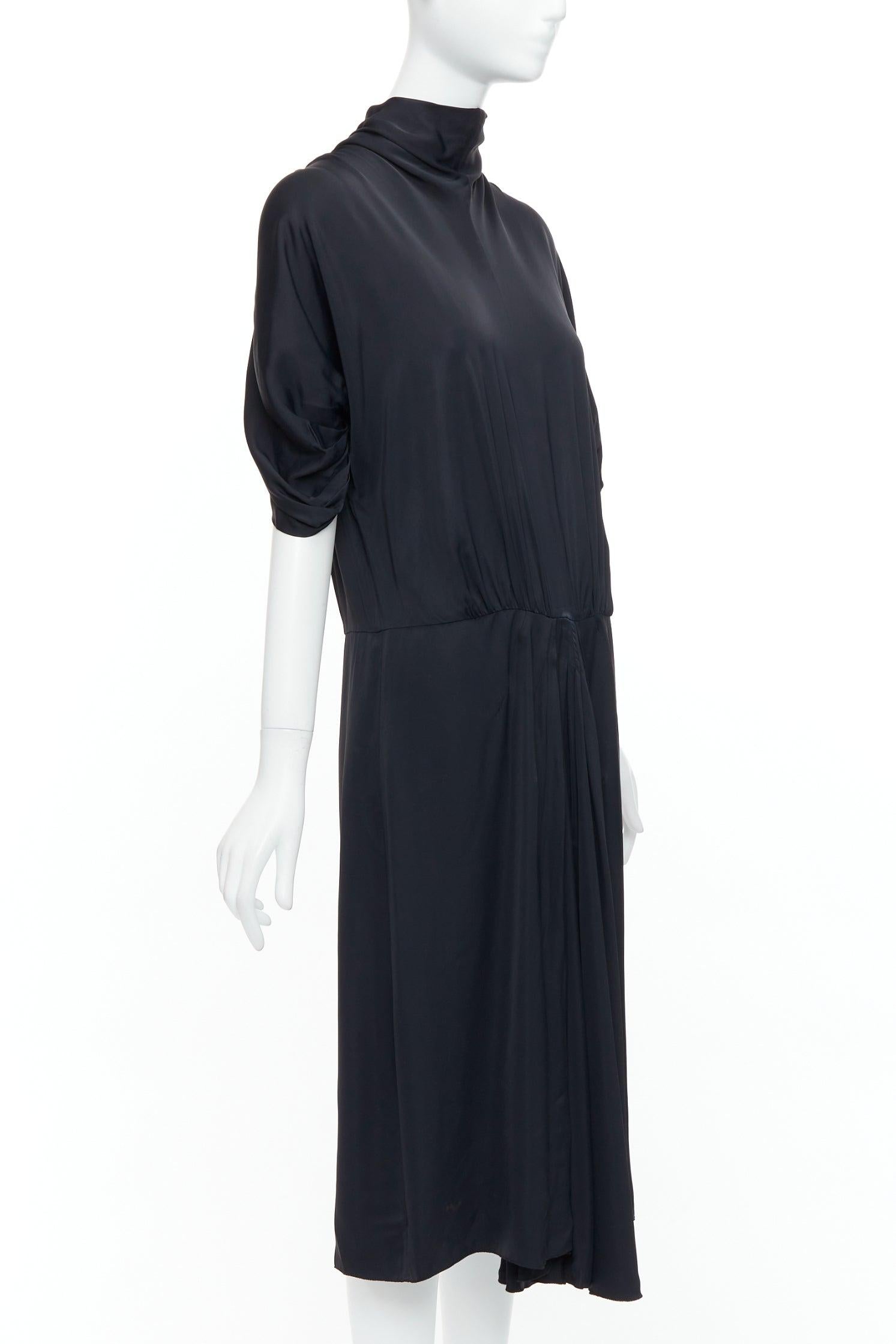 Black PRADA 2006 black viscose box pleat front ruched sleeves midi dress For Sale