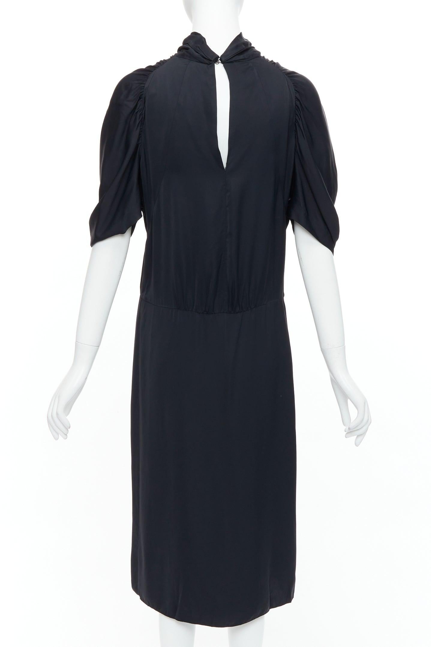 Women's PRADA 2006 black viscose box pleat front ruched sleeves midi dress For Sale
