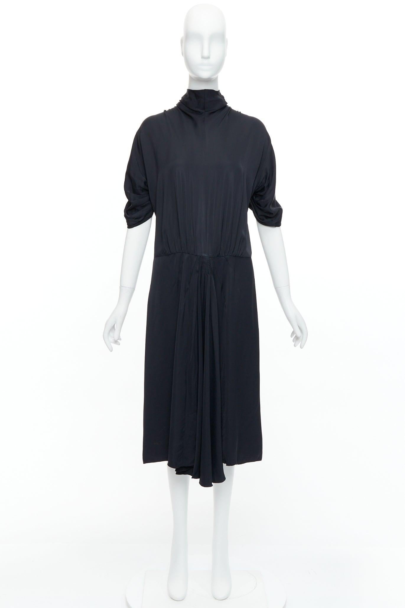 PRADA 2006 black viscose box pleat front ruched sleeves midi dress For Sale 4