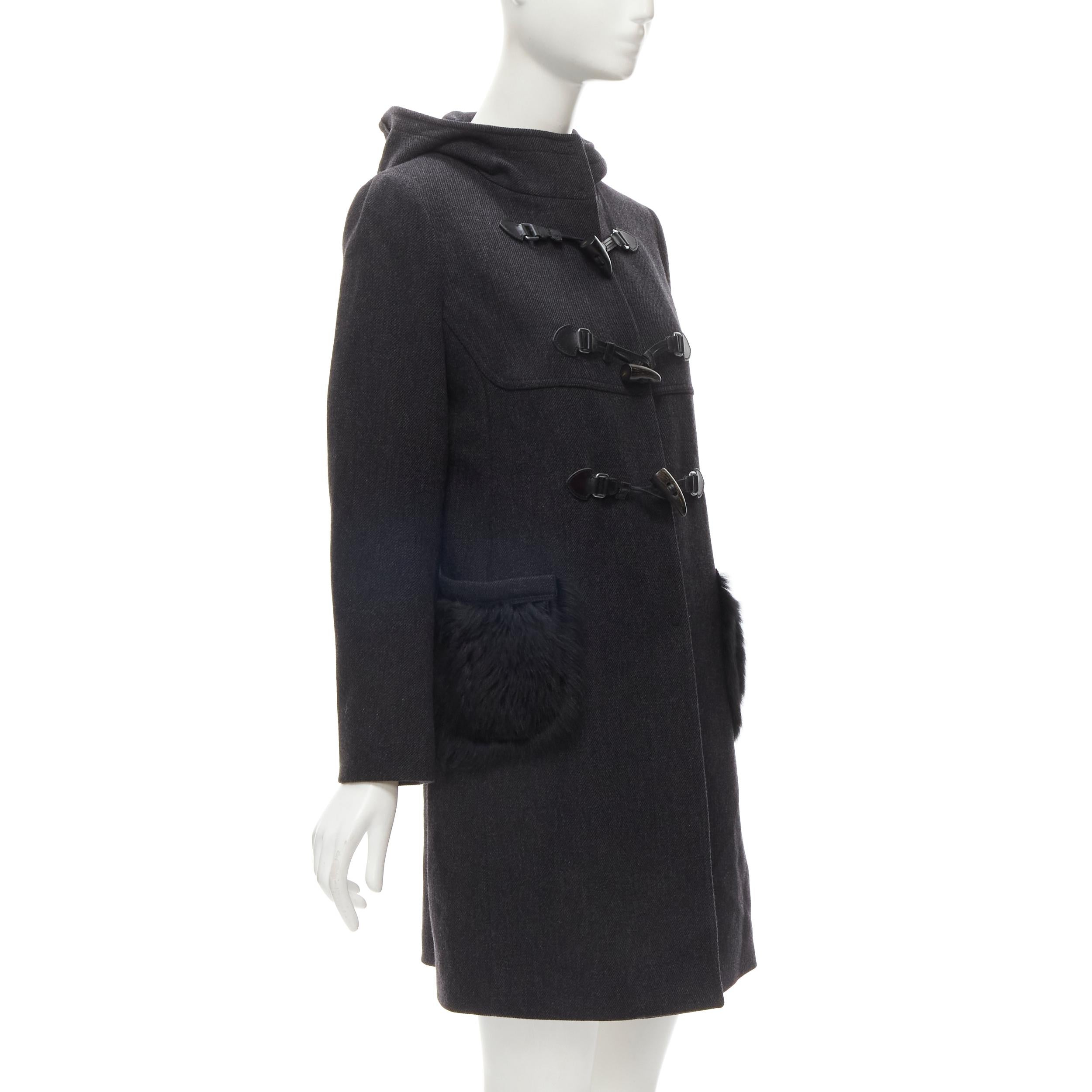 PRADA 2006 dark grey virgin wool faux fur patch pocket toggle coat IT40 S In Excellent Condition In Hong Kong, NT