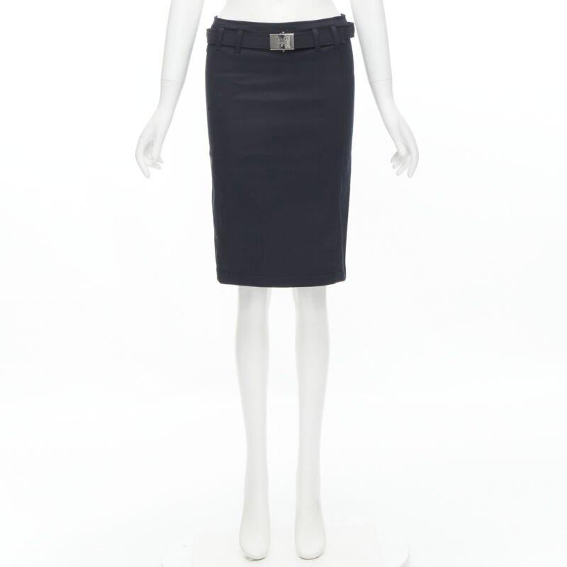 PRADA 2006 navy cotton silver logo belt knee length pencil skirt IT36 XS 7