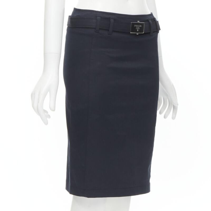 Black PRADA 2006 navy cotton silver logo belt knee length pencil skirt IT36 XS