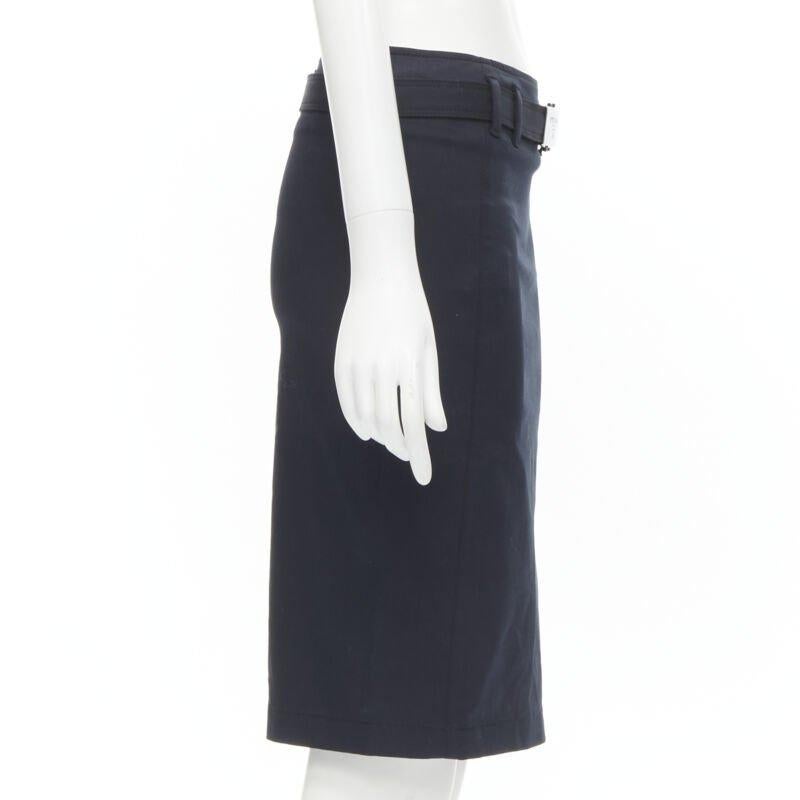 PRADA 2006 navy cotton silver logo belt knee length pencil skirt IT36 XS In Excellent Condition In Hong Kong, NT
