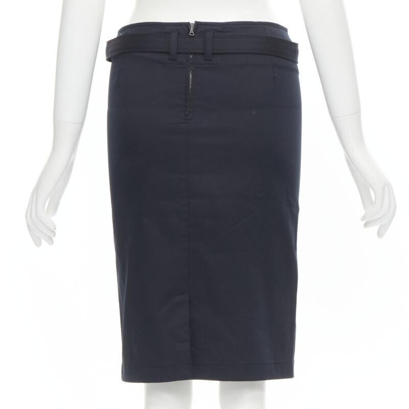 Women's PRADA 2006 navy cotton silver logo belt knee length pencil skirt IT36 XS