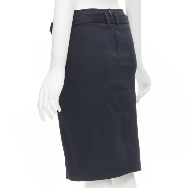 PRADA 2006 navy cotton silver logo belt knee length pencil skirt IT36 XS 1