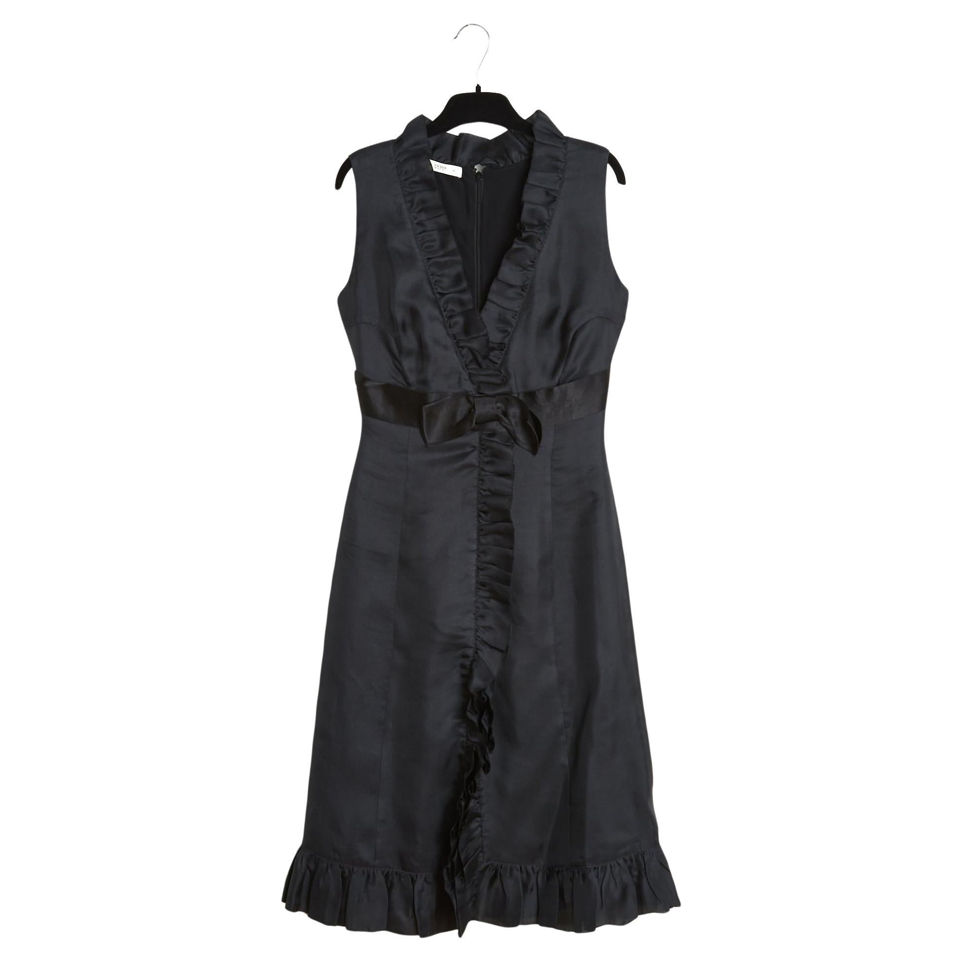 Prada 2006 Robe soie noir FR36 Black Silk Ruffles Cocktail Midi Dress US8 US6
