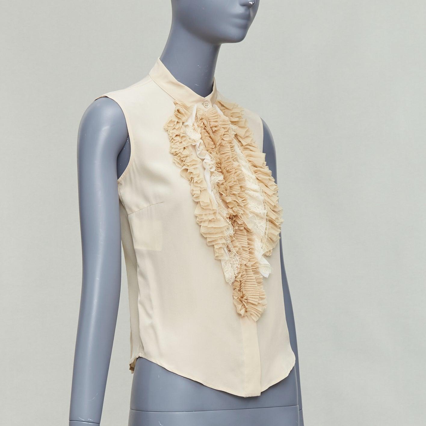 Gray PRADA 2006 Vintage 100% silk ruffle front high collar sleeveless shirt IT38 XS For Sale