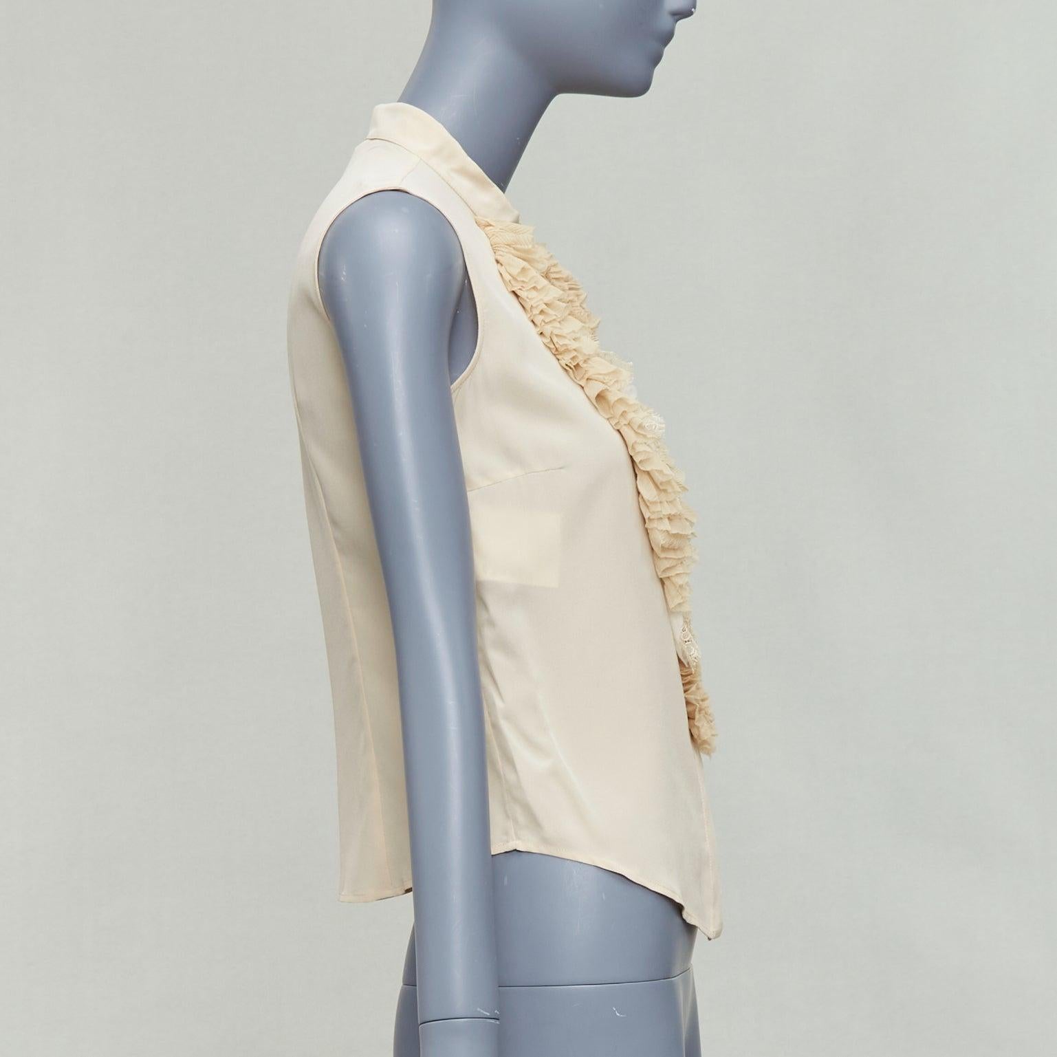 PRADA 2006 Vintage 100% silk ruffle front high collar sleeveless shirt IT38 XS In Excellent Condition For Sale In Hong Kong, NT