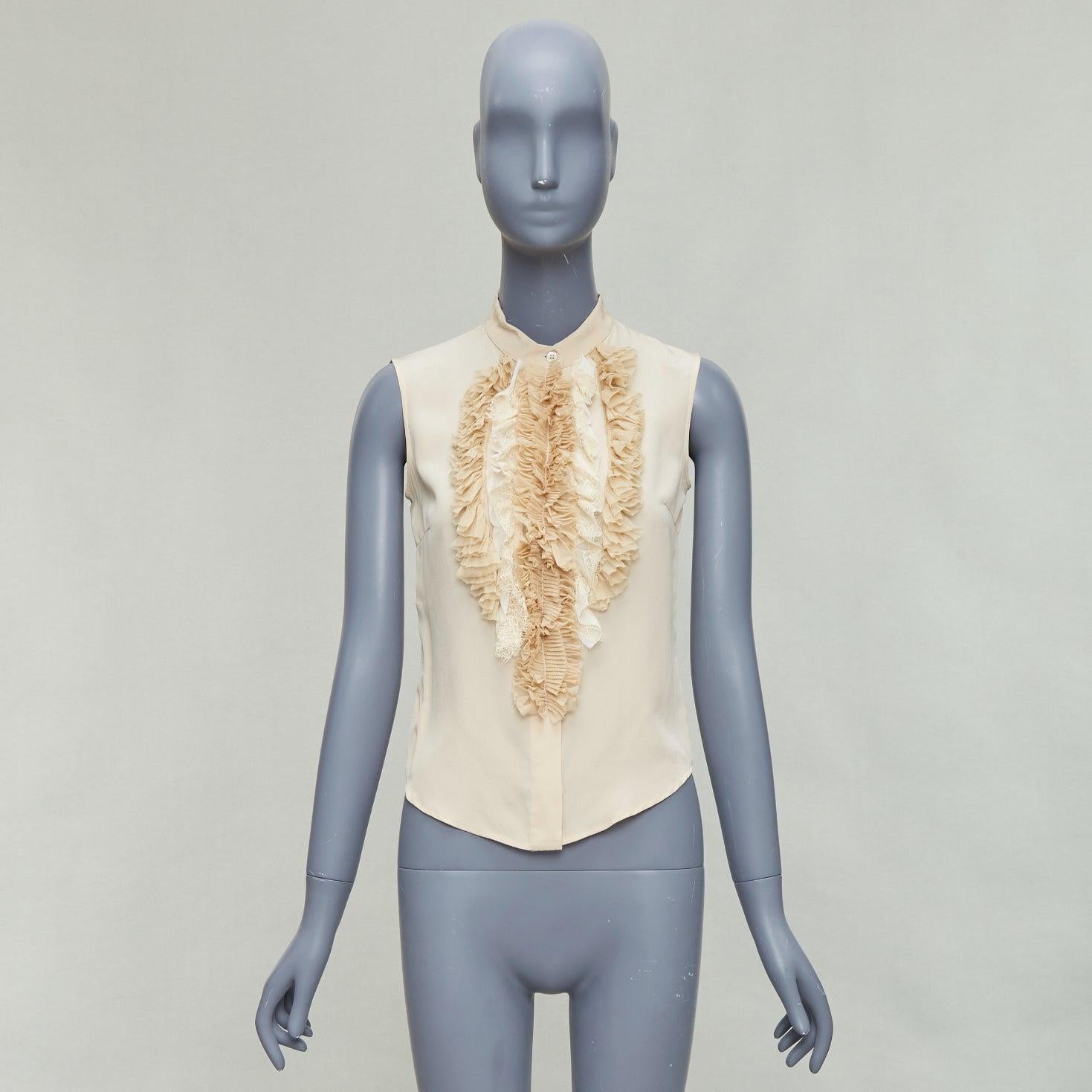 PRADA 2006 Vintage 100% silk ruffle front high collar sleeveless shirt IT38 XS For Sale 4