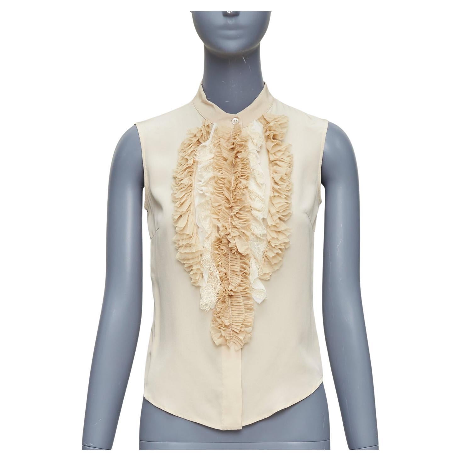 PRADA 2006 Vintage 100% silk ruffle front high collar sleeveless shirt IT38 XS For Sale
