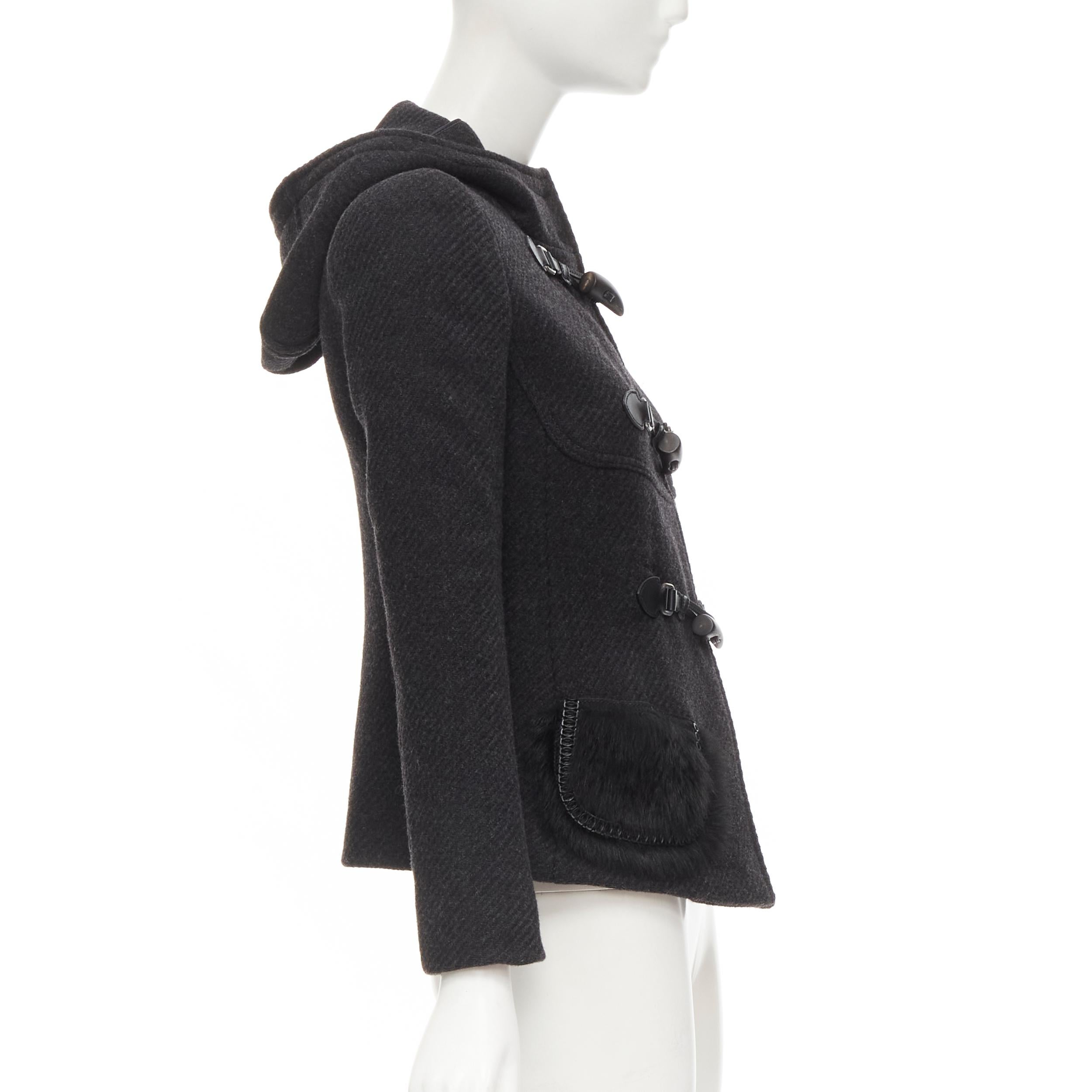 PRADA 2006 Vintage grey virgin wool fur pockets leather toggle jacket IT38 XS 1