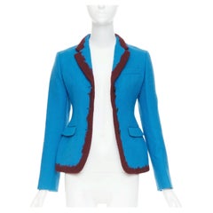 PRADA 2007 Blazer casual da passerella in lana turchese con bordi a filo e rifiniture in feltro bordeaux IT38