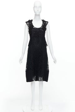 PRADA 2008 Schwarzes Kleid aus Baumwollmischung mit schwerer Spitzenapplikation, IT38 XS
