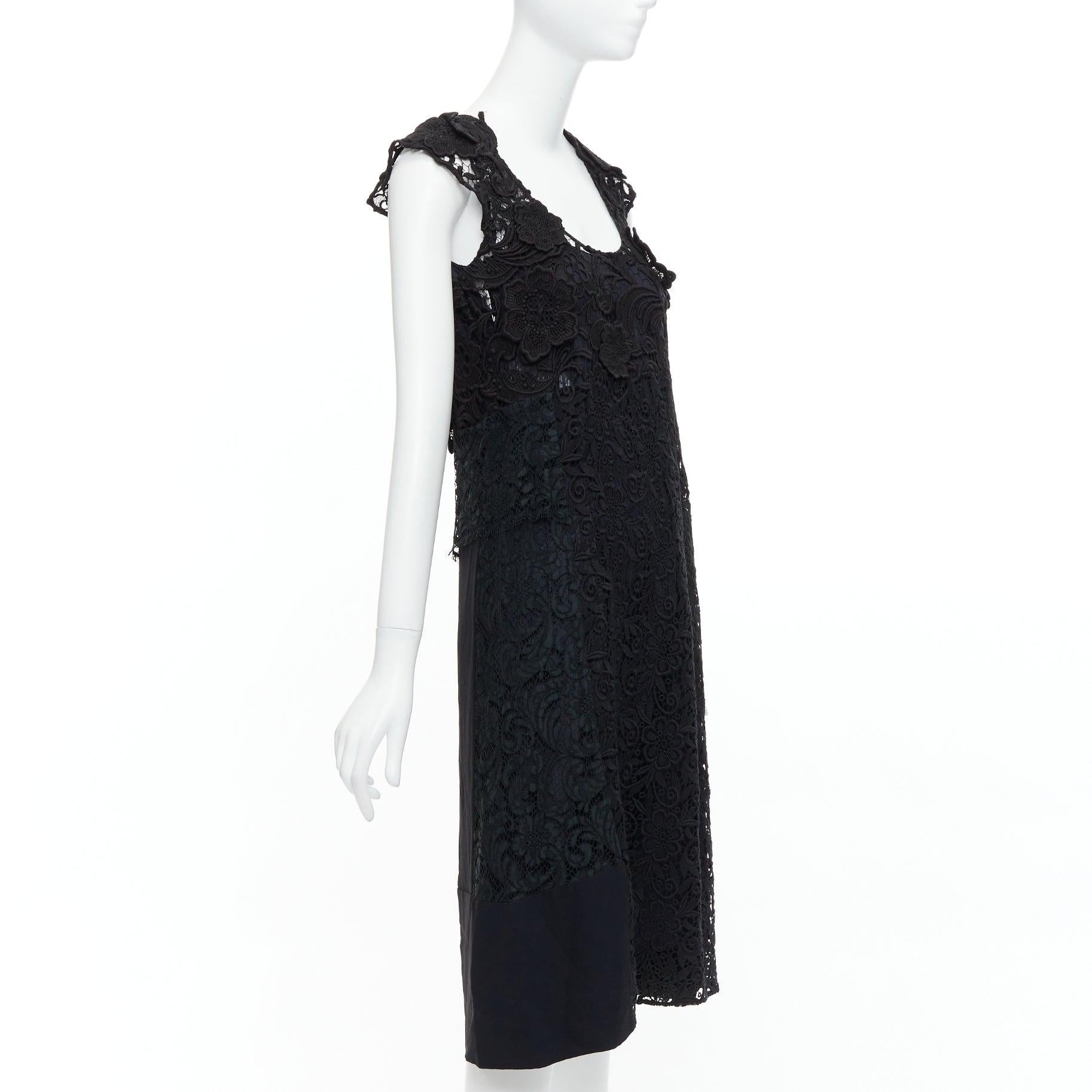 Black PRADA 2008 black cotton blend heavy lace applique panelled dress IT38 XS