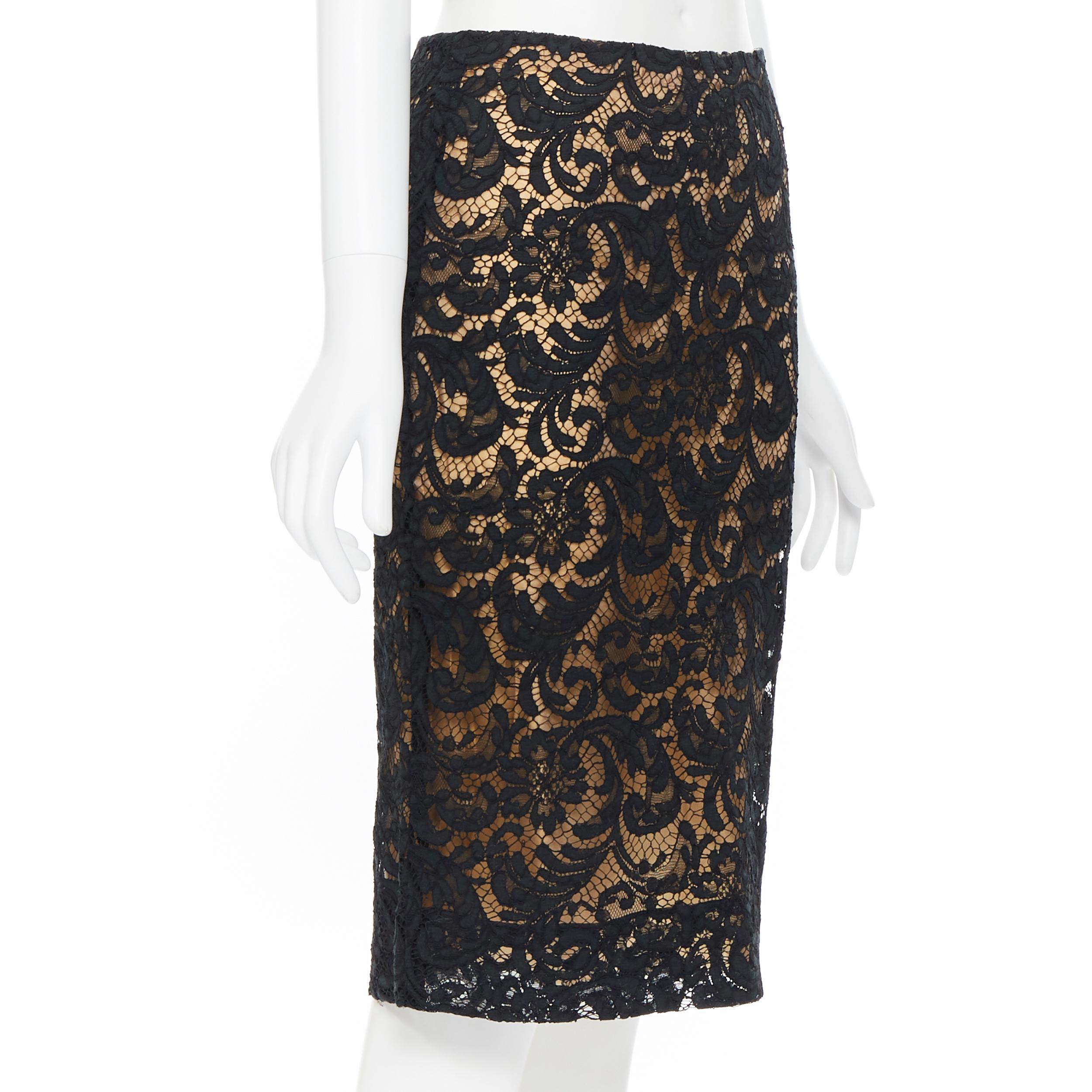 Black PRADA 2008 iconic black floral lace nude lined knee length pencil skirt IT38 XS