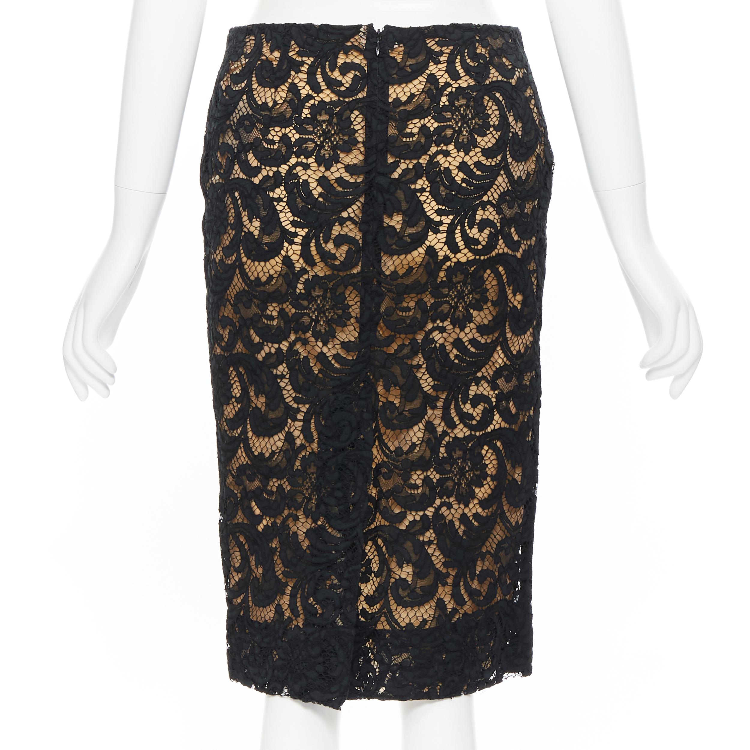Women's PRADA 2008 iconic black floral lace nude lined knee length pencil skirt IT38 XS