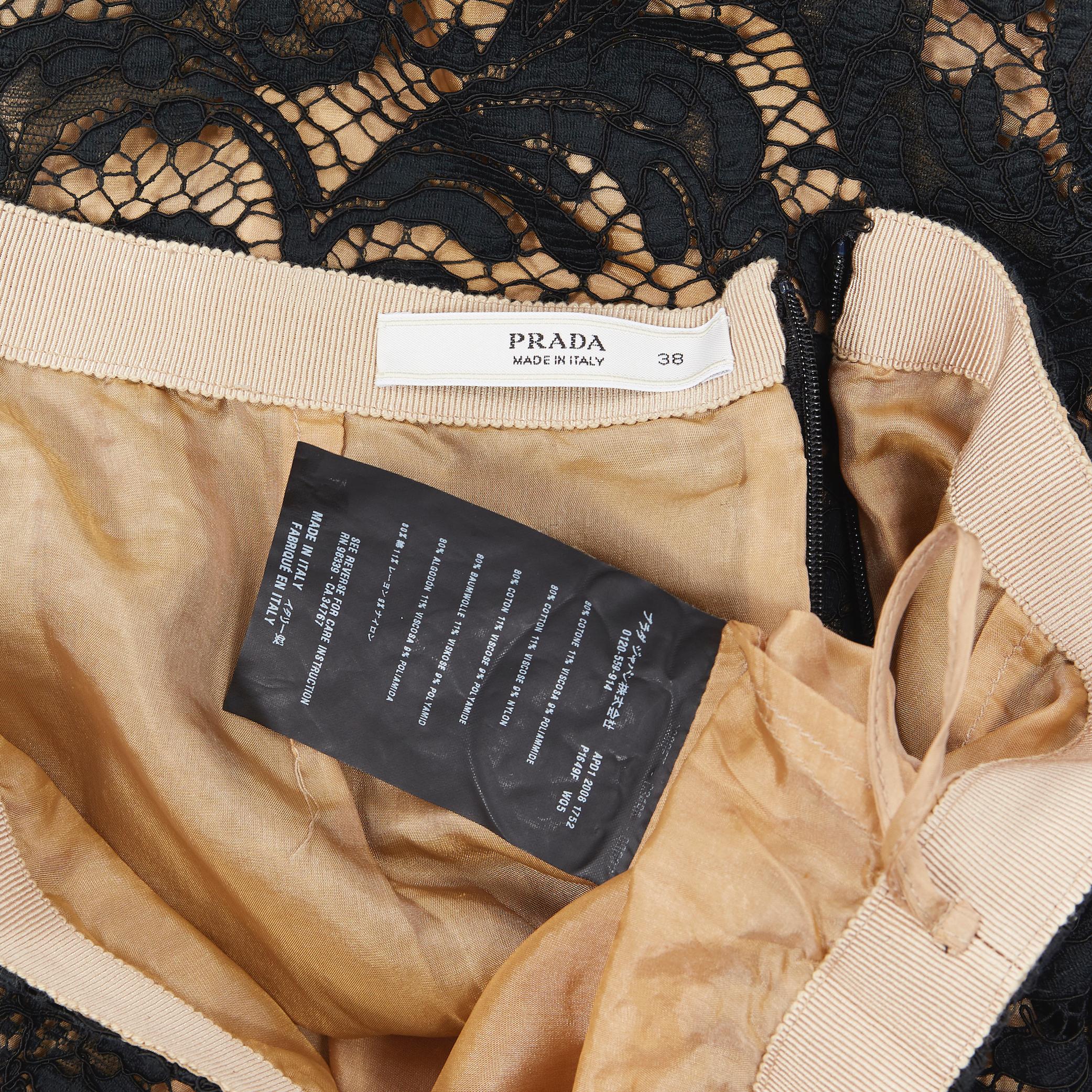 PRADA 2008 iconic black floral lace nude lined knee length pencil skirt IT38 XS 3