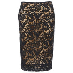 PRADA 2008 iconic black floral lace nude lined knee length pencil skirt IT38 XS