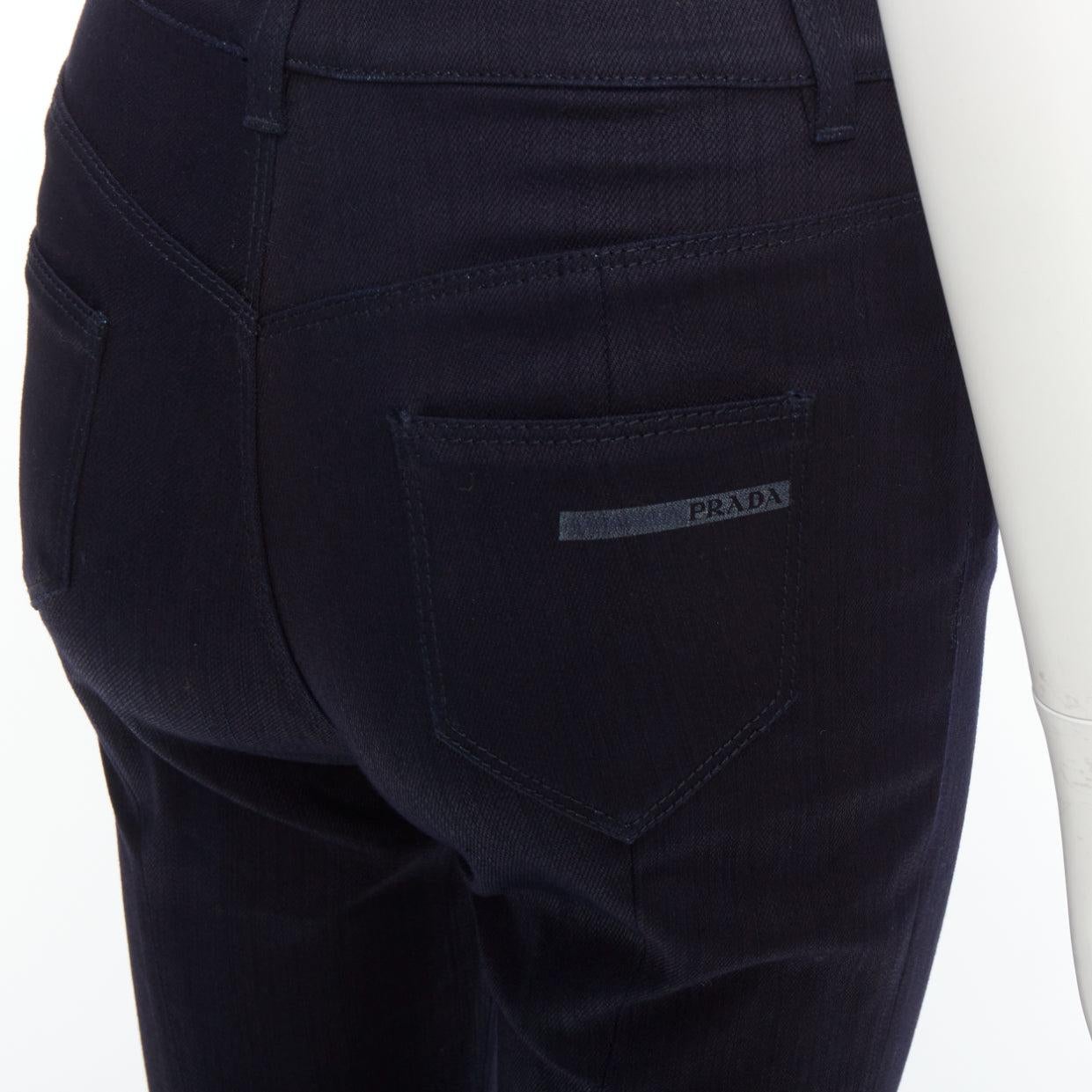 PRADA 2008 indigo blue cotton blend logo high rise fit flare jeans 25