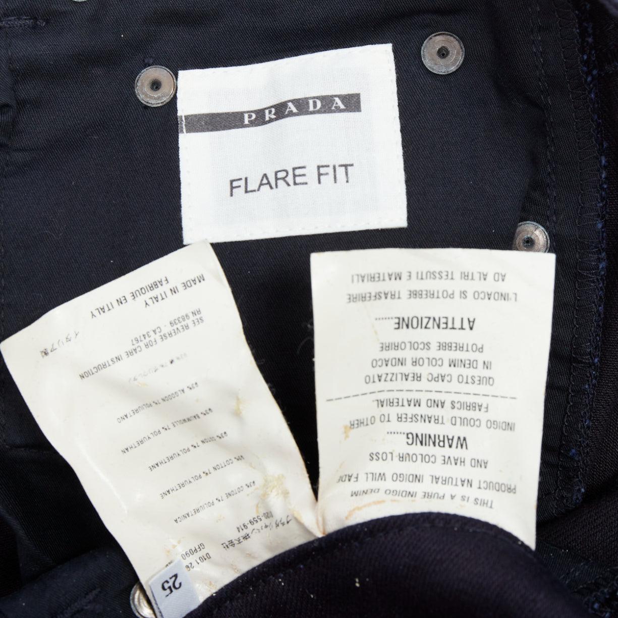 PRADA 2008 indigo blue cotton blend logo high rise fit flare jeans 25