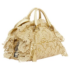 PRADA 2008 Runway Gold Oro Lace Pizzo macrame lace bar top handle Bowler bag
