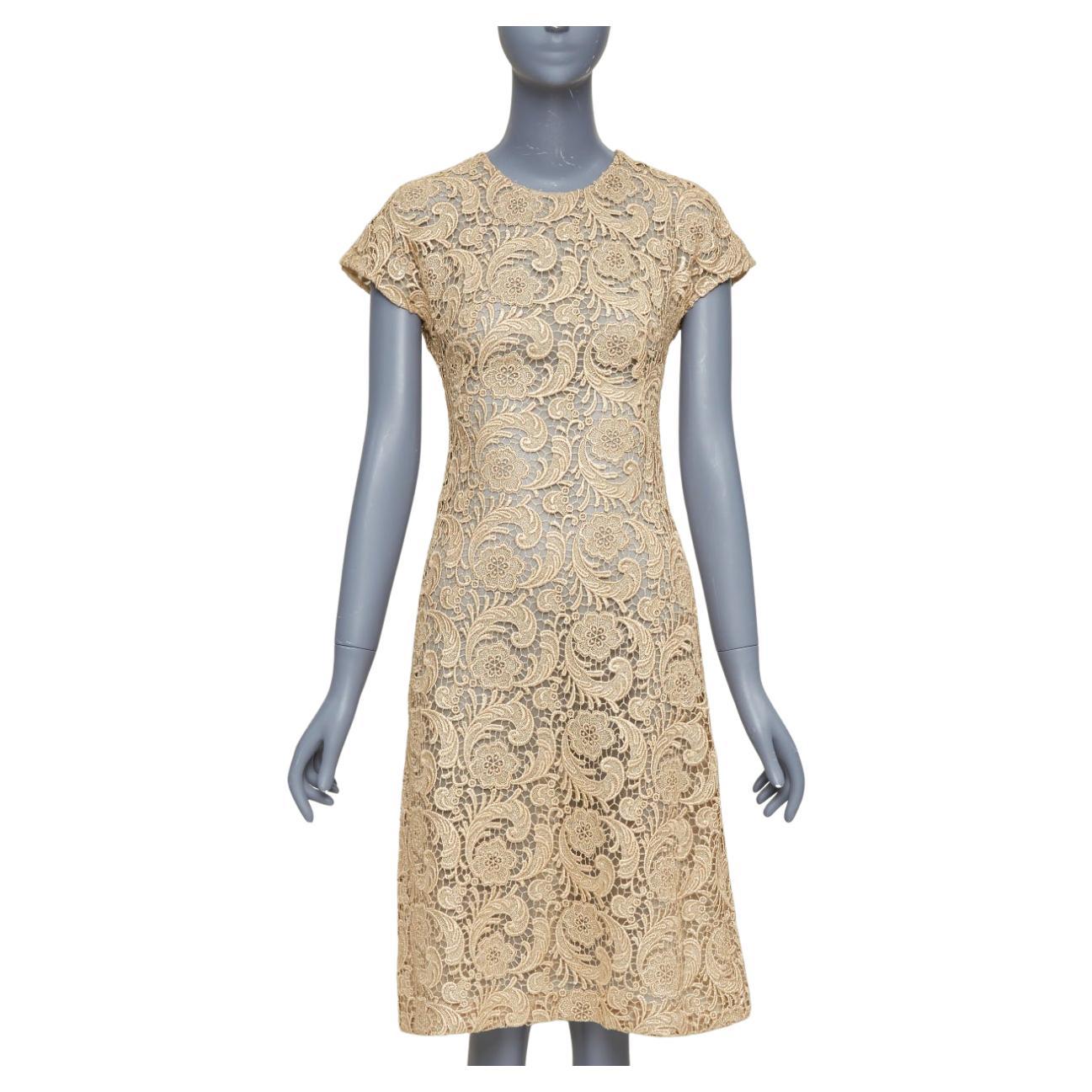 PRADA 2008 Vintage vestido de cóctel de manga larga de encaje de guipur metálico 3D IT38 XS en venta