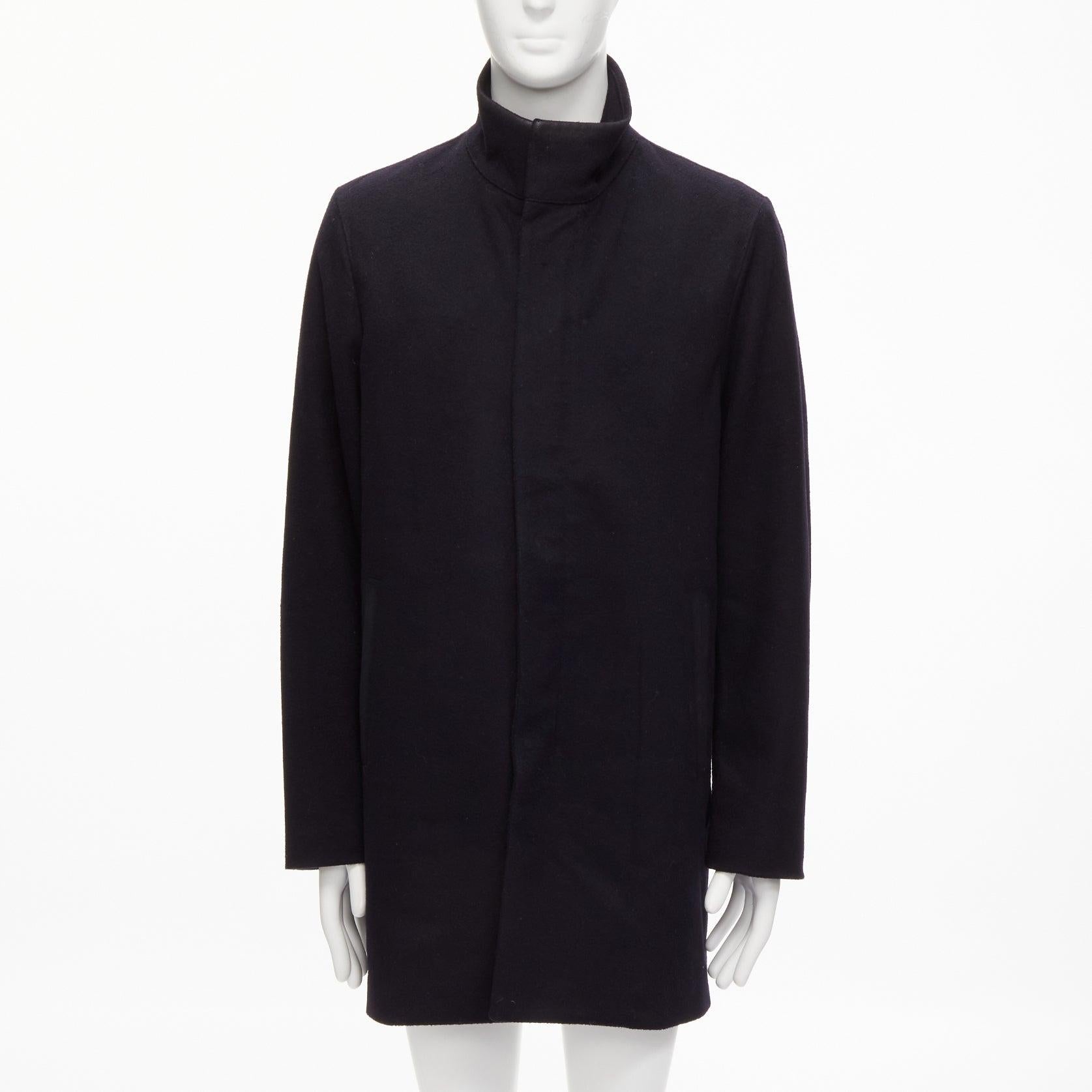 Black PRADA 2009 100% virgin wool black minimalist coated sleeve coat IT48 M For Sale