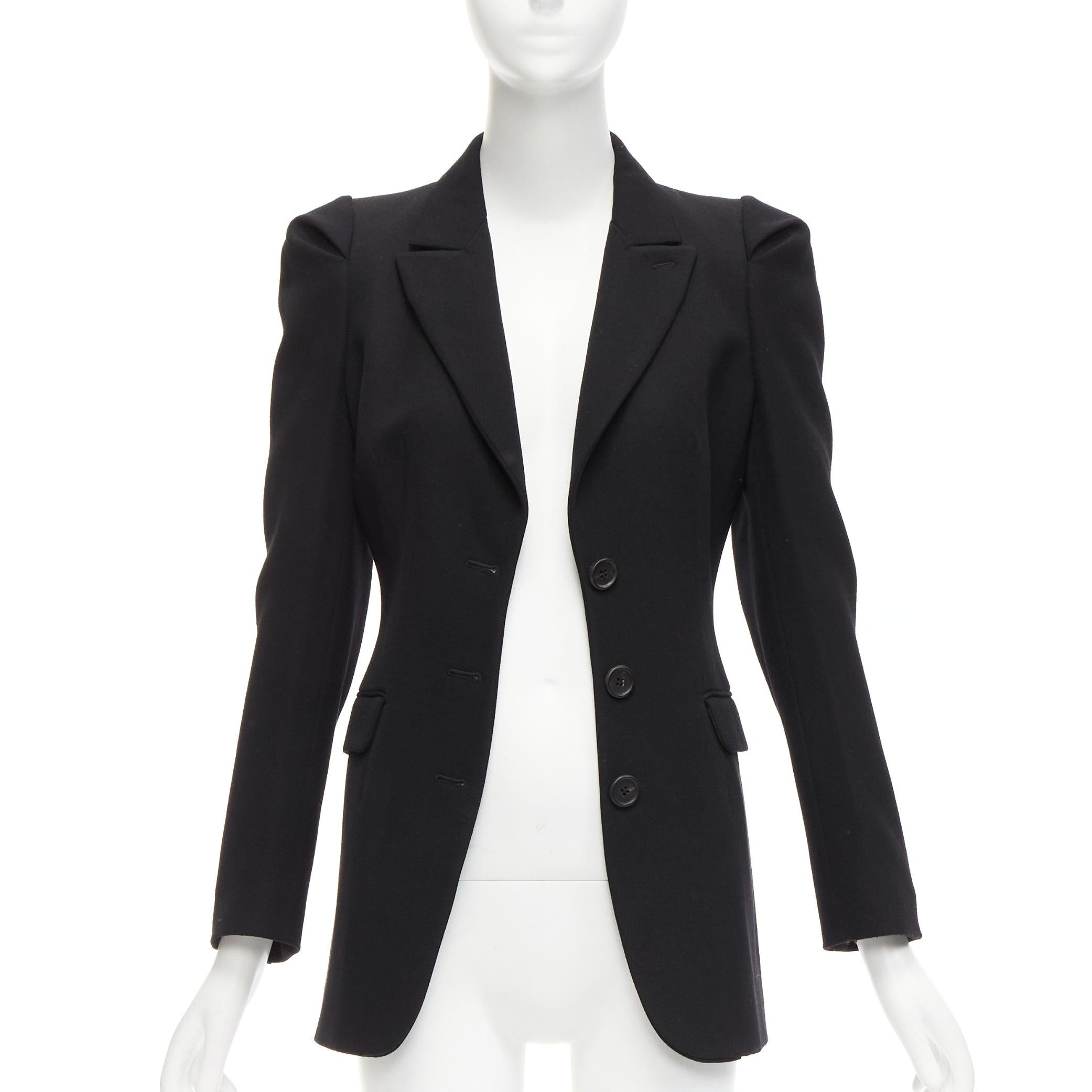 Black PRADA 2009 black virgin wool puffed shoulder fitted formal blazer IT38 XS