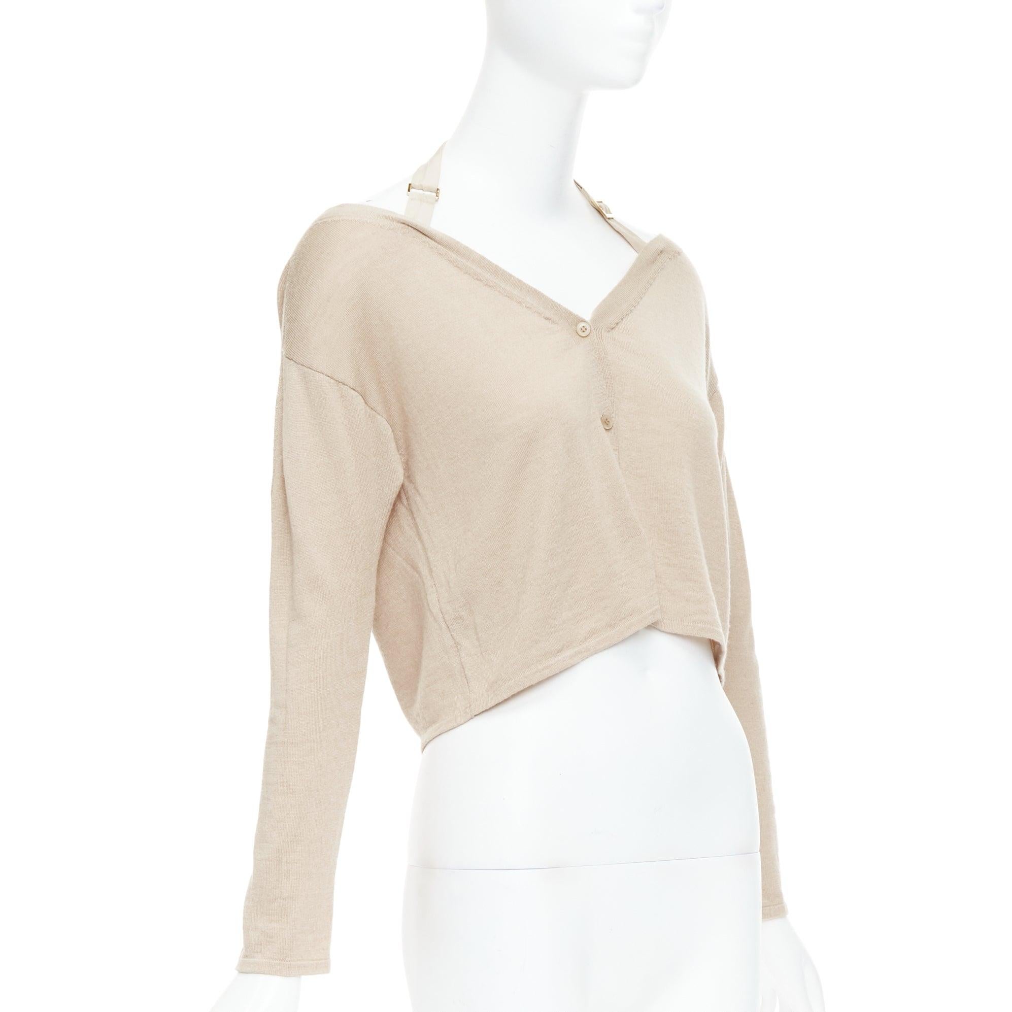 Beige PRADA 2009 Runway beige wool silk harness strap off shoulder cardigan IT38 XS