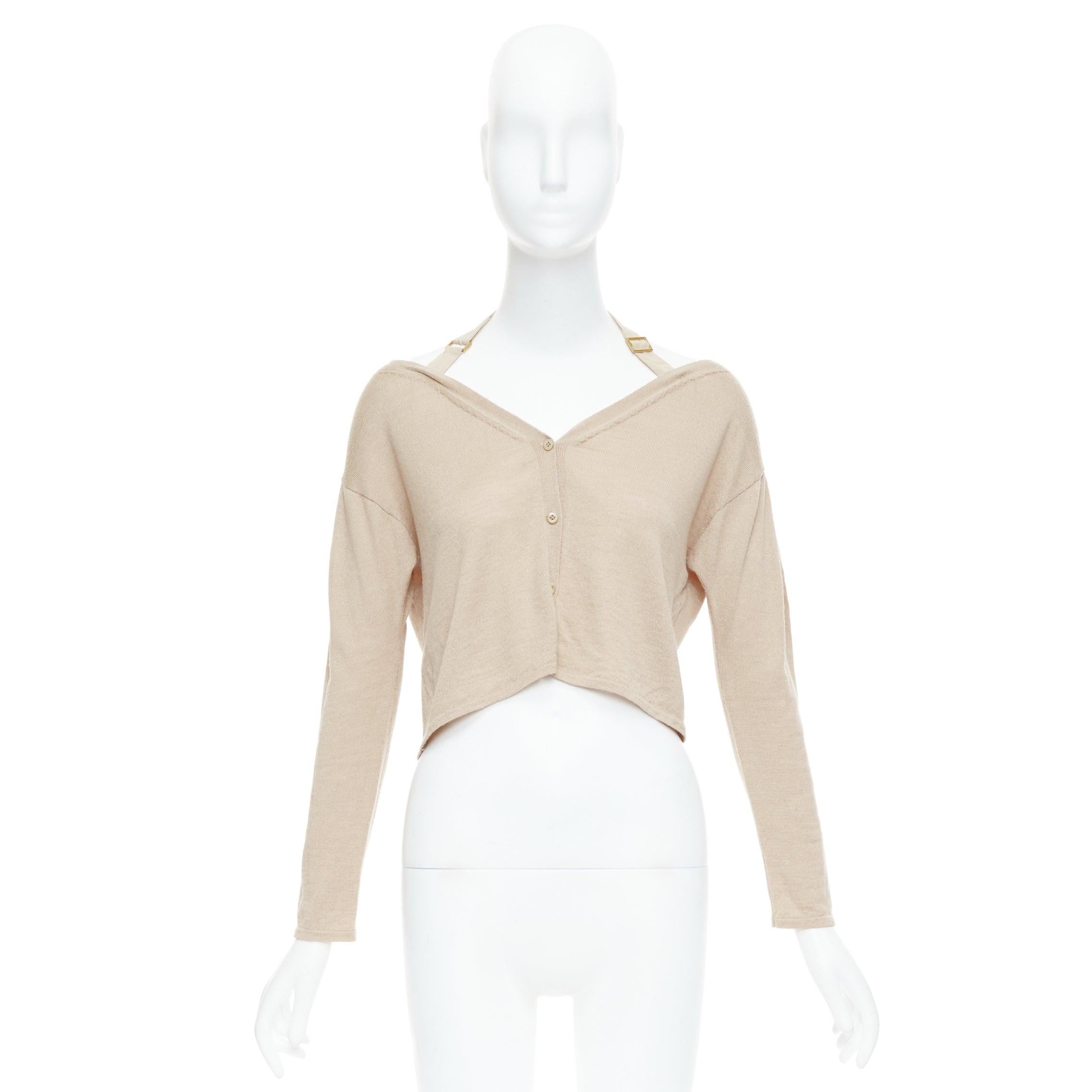 PRADA 2009 Runway beige wool silk harness strap off shoulder cardigan IT38 XS 4