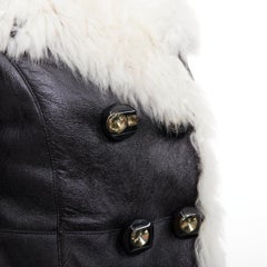 PRADA 2009 Vintage cream sheep fur black leather crystal buttons coat IT36 XXS