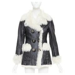 PRADA 2009 Vintage cream sheep fur black leather crystal buttons coat IT36 XXS