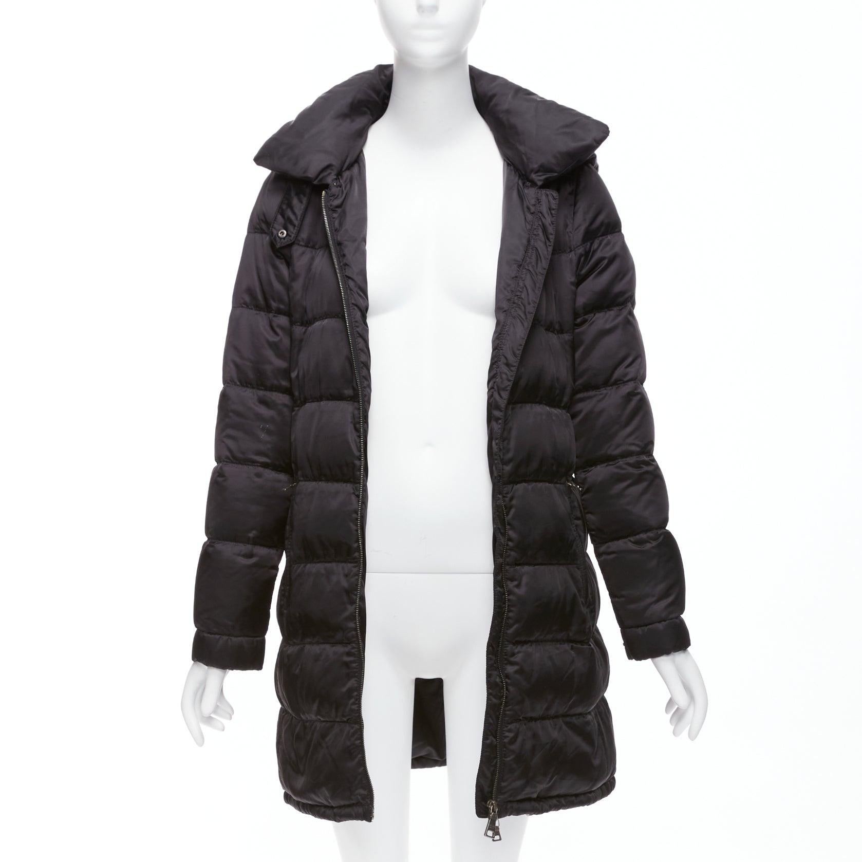 Black PRADA 2010 black shiny nylon hooded quilted long sleeve puffer coat IT42 M For Sale
