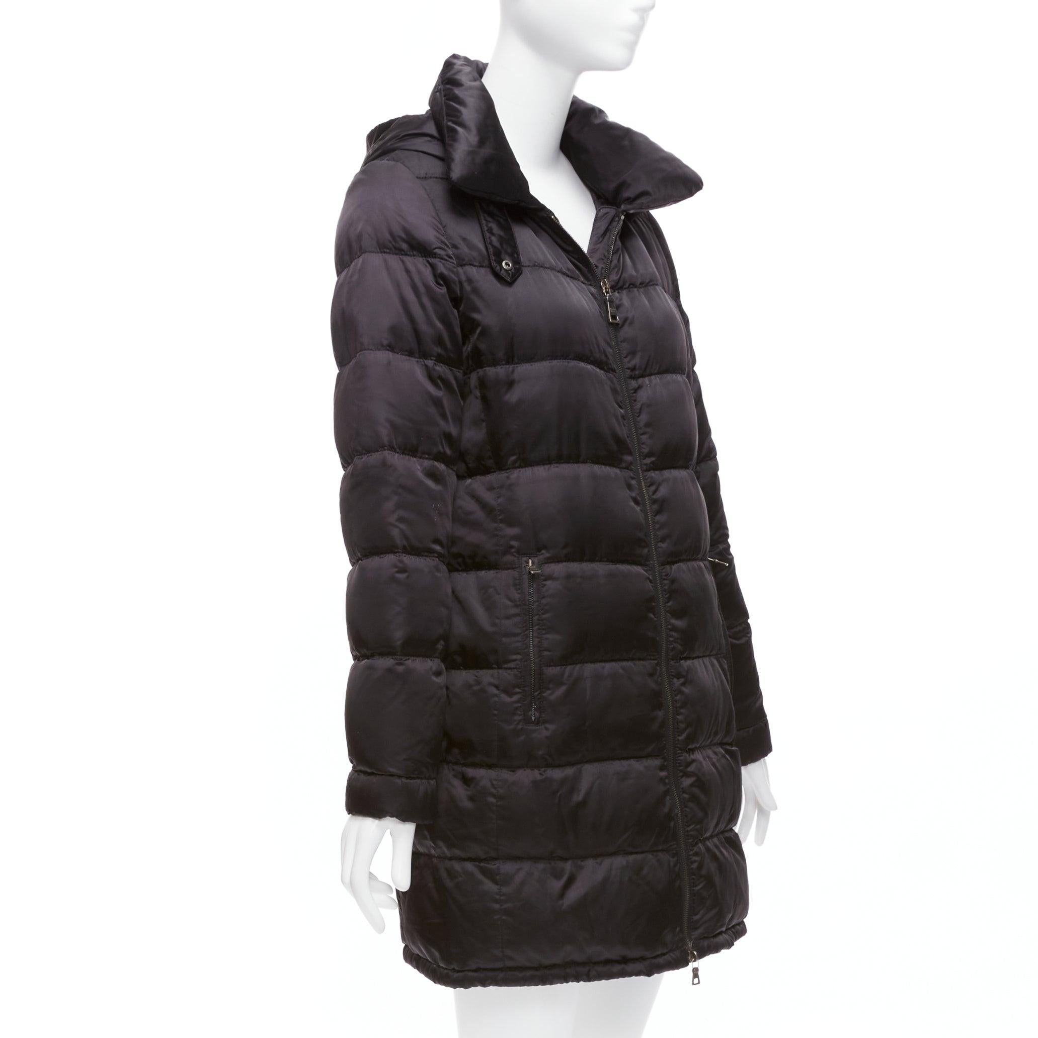 Women's PRADA 2010 black shiny nylon hooded quilted long sleeve puffer coat IT42 M For Sale
