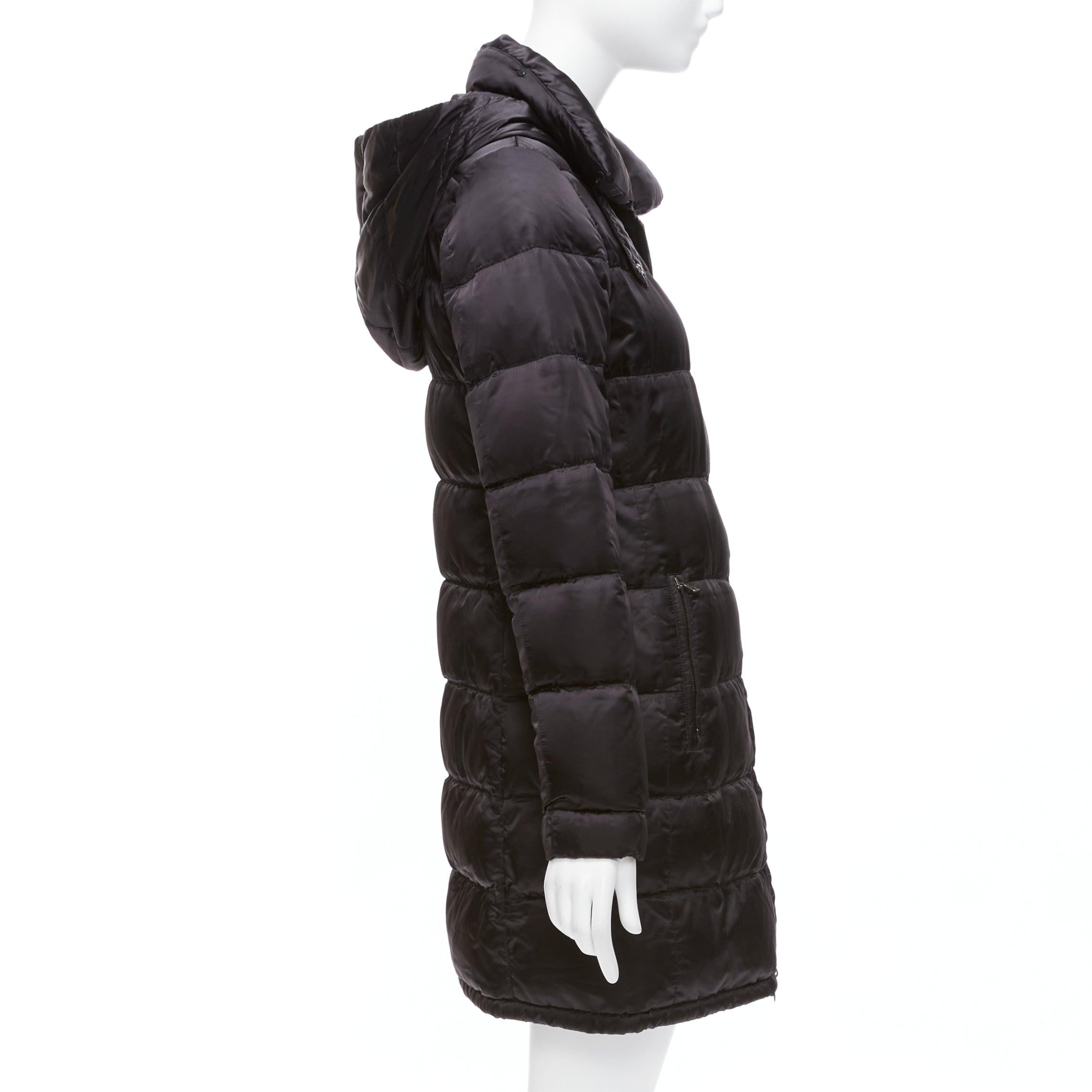 Women's PRADA 2010 black shiny nylon hooded quilted long sleeve puffer coat IT42 M For Sale