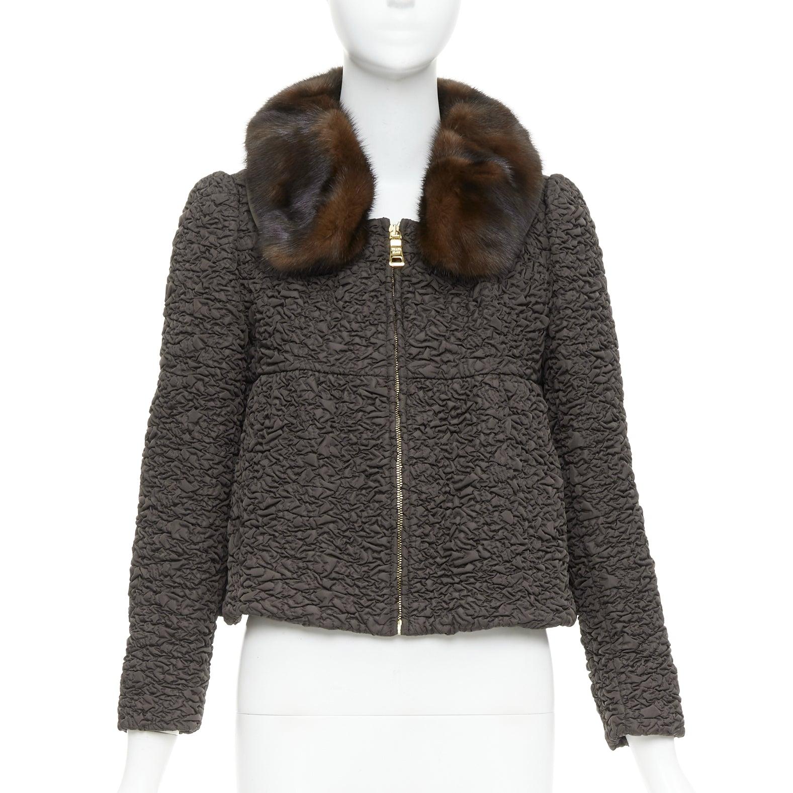 PRADA 2010 marrón visón cuello arrugado acolchado chaqueta manga abullonada IT40 S Negro en venta