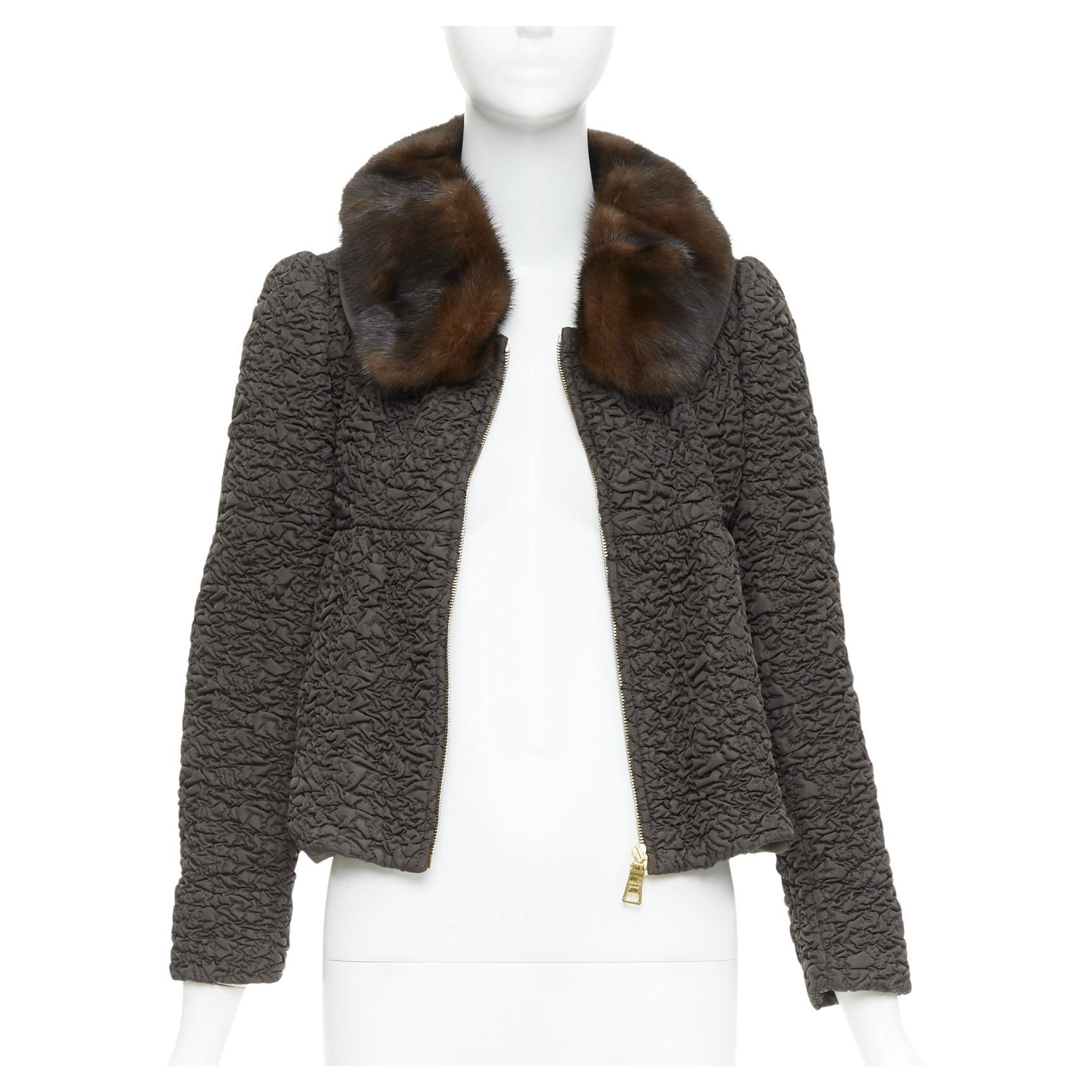 PRADA 2010 brown mink fur collar crinkled quilted puff sleeve jacket IT40 S