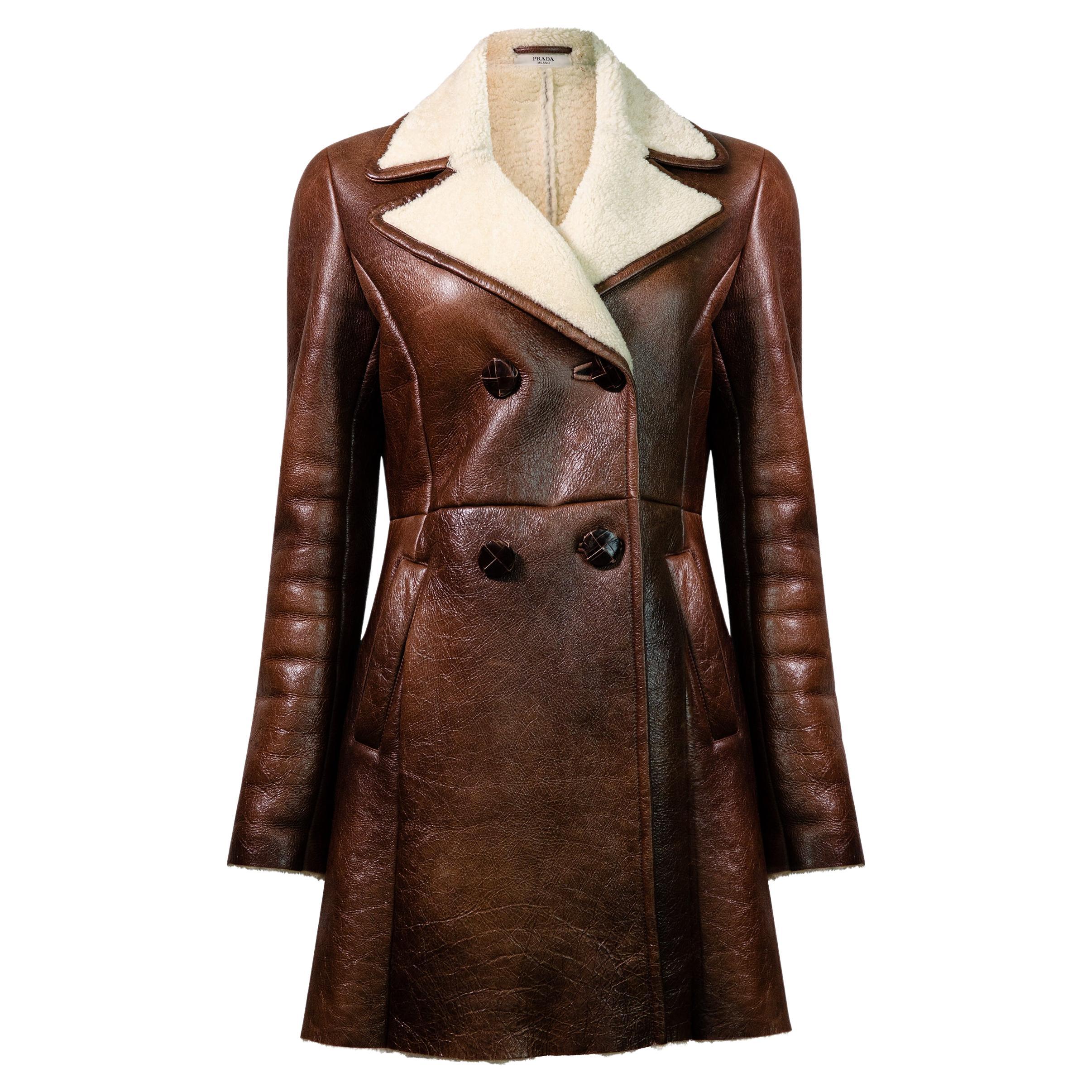 PRADA 2010 Shearling Double-breasted Brown Coat For Sale