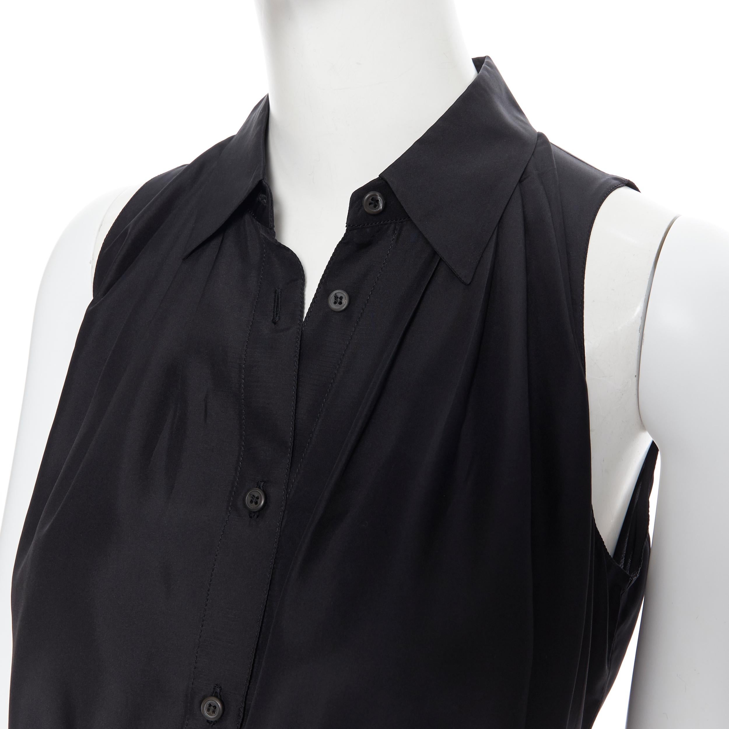 PRADA 2011 100% silk black logo tag pleated collar belted shirt dress IT38 XS 2