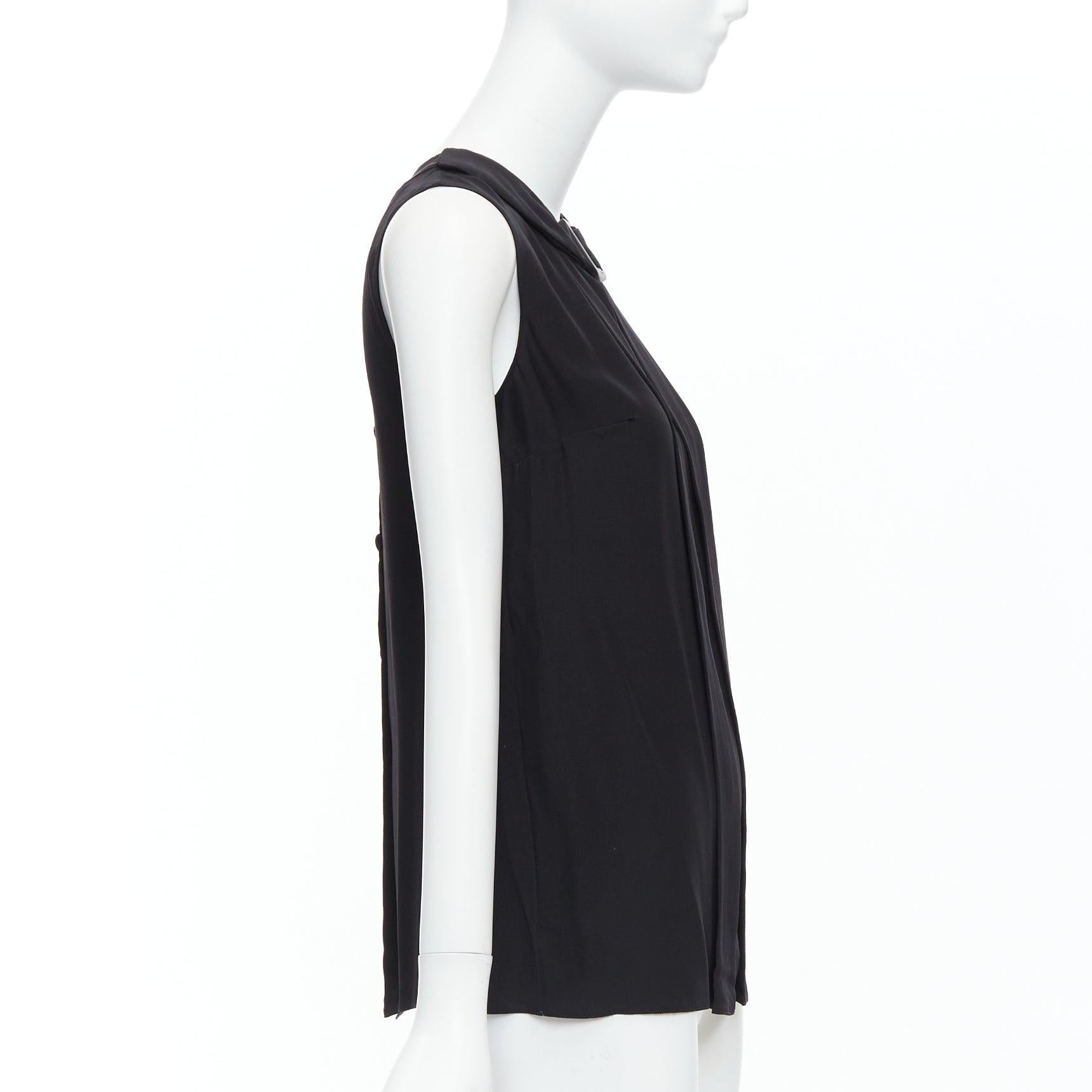 PRADA 2011 black 100% silk logo plastic buckle neck pleated top IT38 XS In Good Condition For Sale In Hong Kong, NT