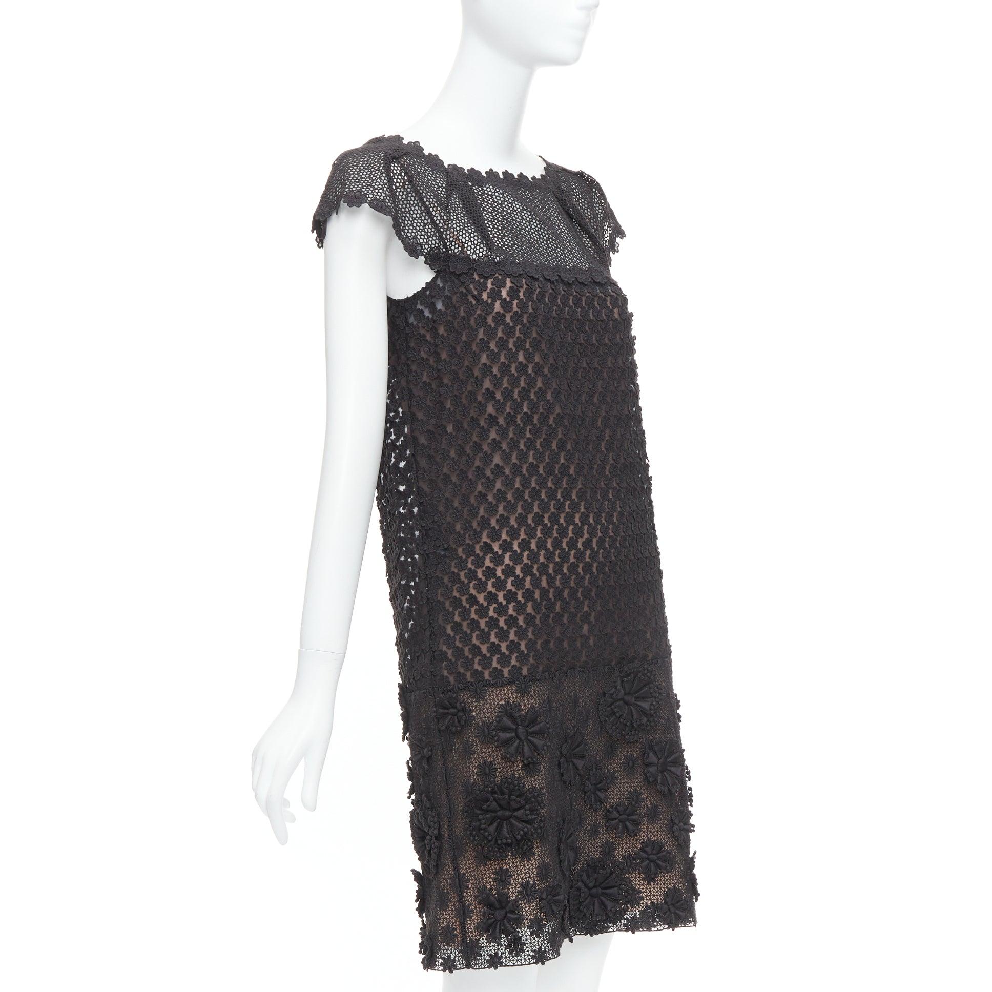Black PRADA 2011 black cotton floral applique lace silk lined dress IT38 XS For Sale