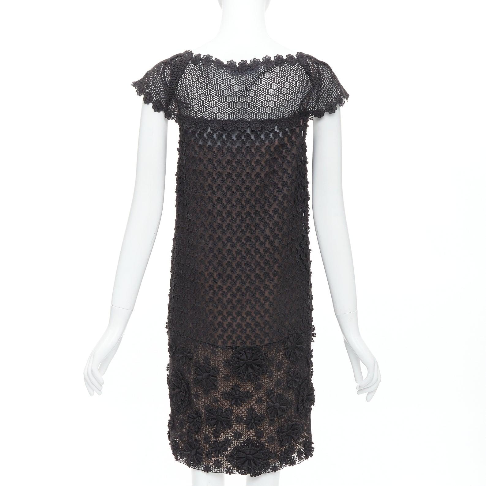 Women's PRADA 2011 black cotton floral applique lace silk lined dress IT38 XS For Sale