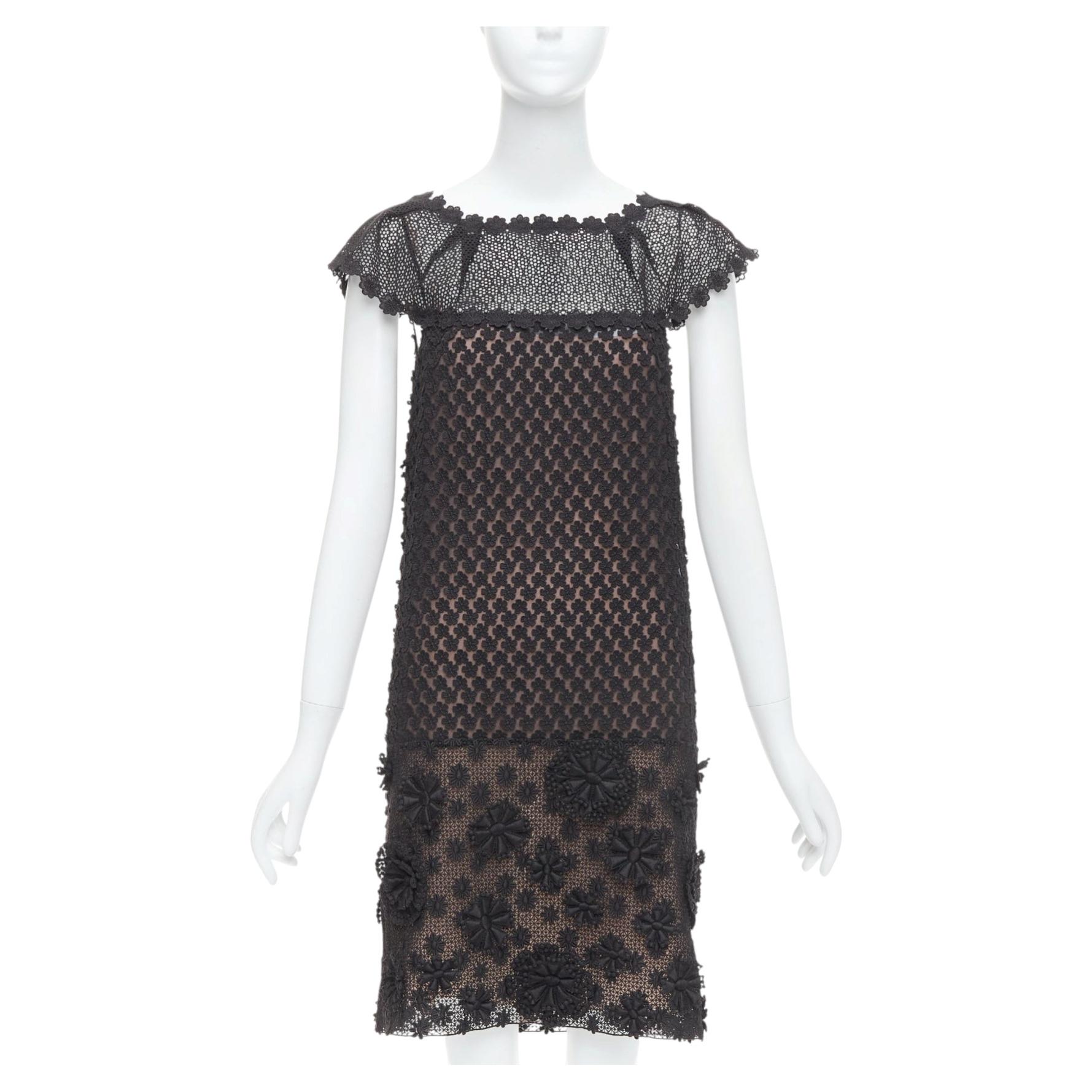 PRADA 2011 - Robe noire à appliques florales en coton, dentelle et soie doublée IT38 XS
