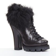PRADA 2011 Calzature Donna black leather fur trim half wedged ankle boots EU