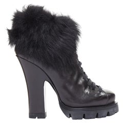 PRADA 2011 Calzature Donna black leather fur trim half wedged ankle boots EU